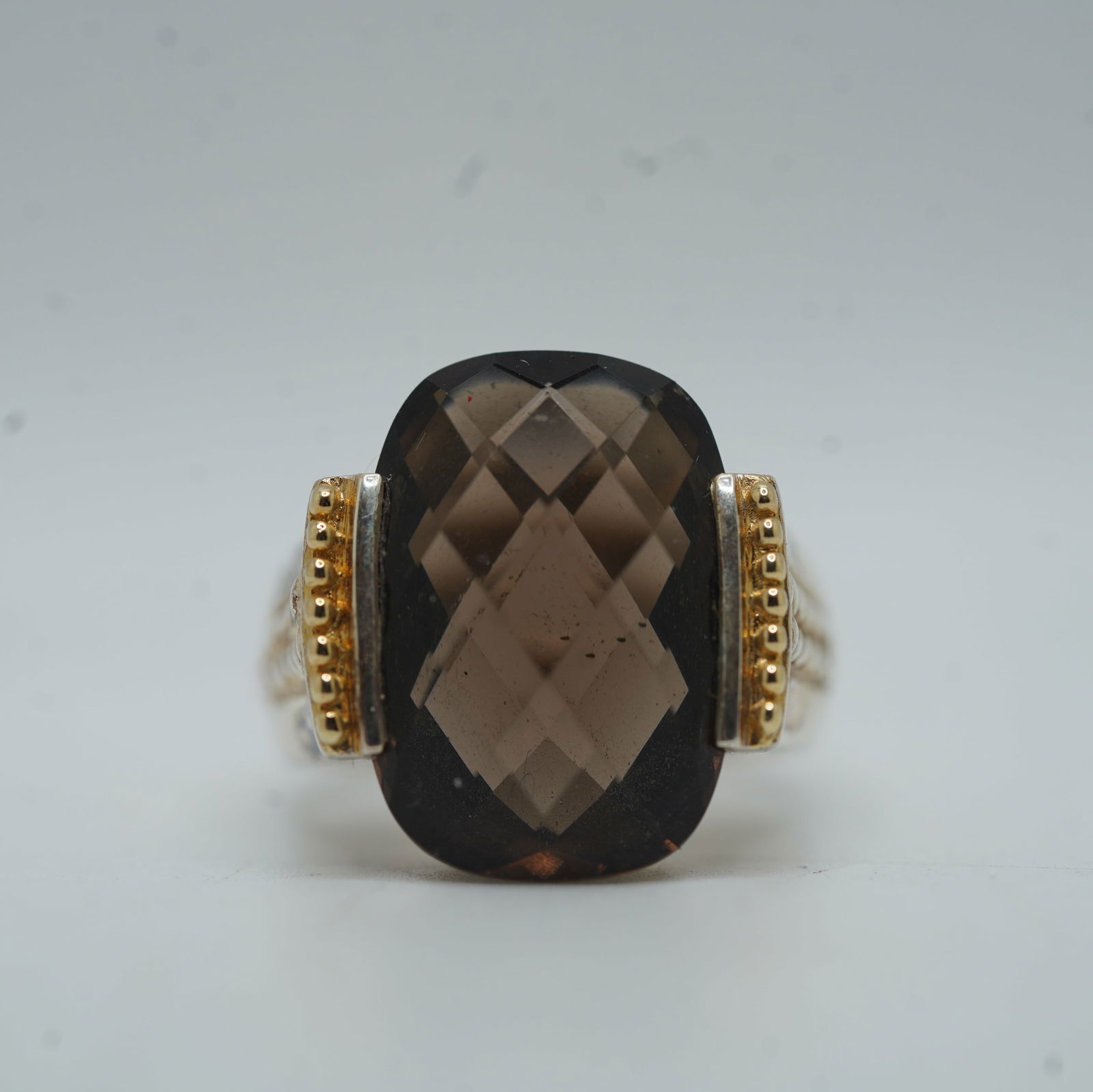 .925 Sterling Silver Smokey Citrine Vermeil Beading Flanking Both Sides Ring Size 7.25 (1 of 10)