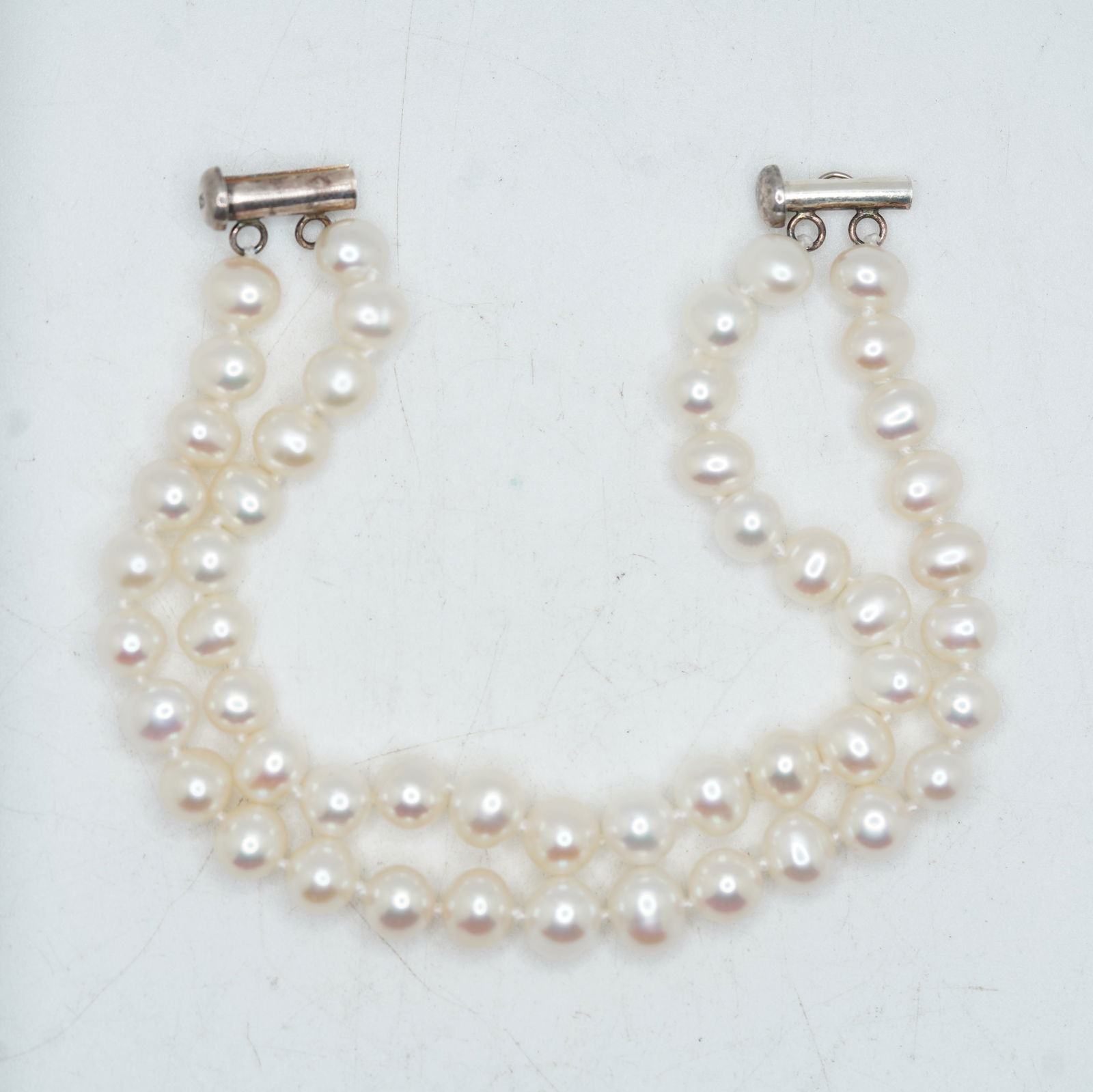 .925 Sterling Silver Freshwater Cultured Double Strand of Graduated Pearls Bracelet 7 1/2 in. (1 of 8)