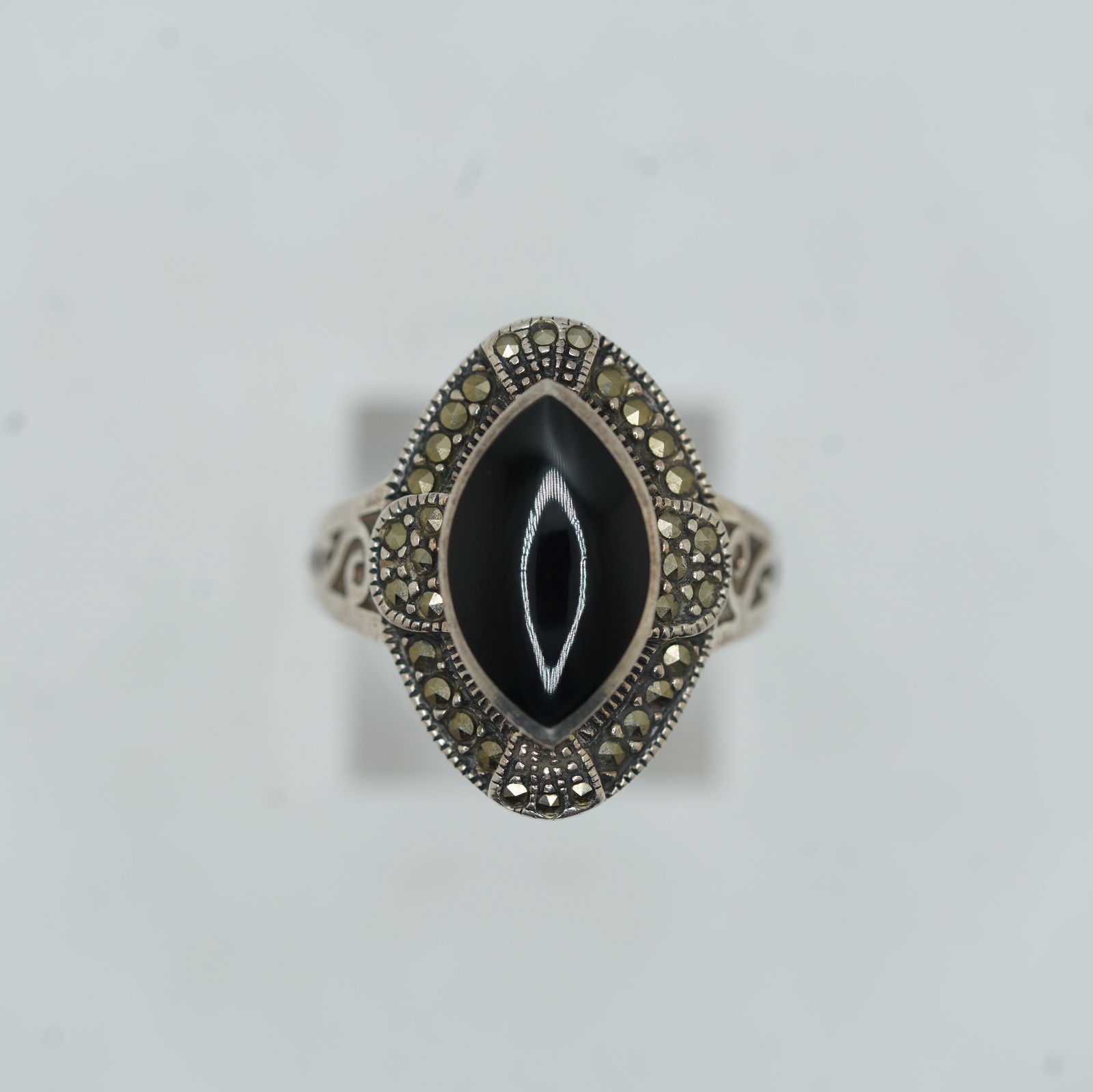 .925 Sterling Silver With Marque Black Onyx Surrounded By Marcasites Ring Size 9 (1 of 9)