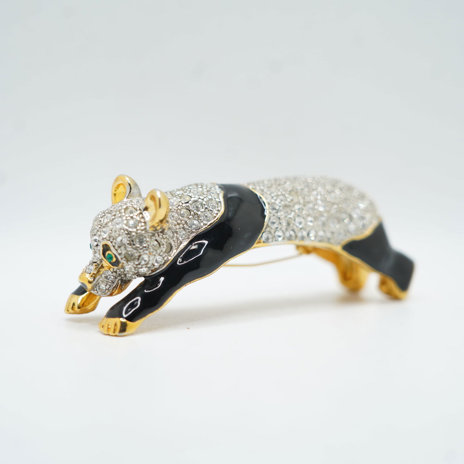 Quality Rhinestone & Black Enameling Panda Shoulder Pin With Green Eyes, 4 in. x 1 3/8 in. (1 of 7)