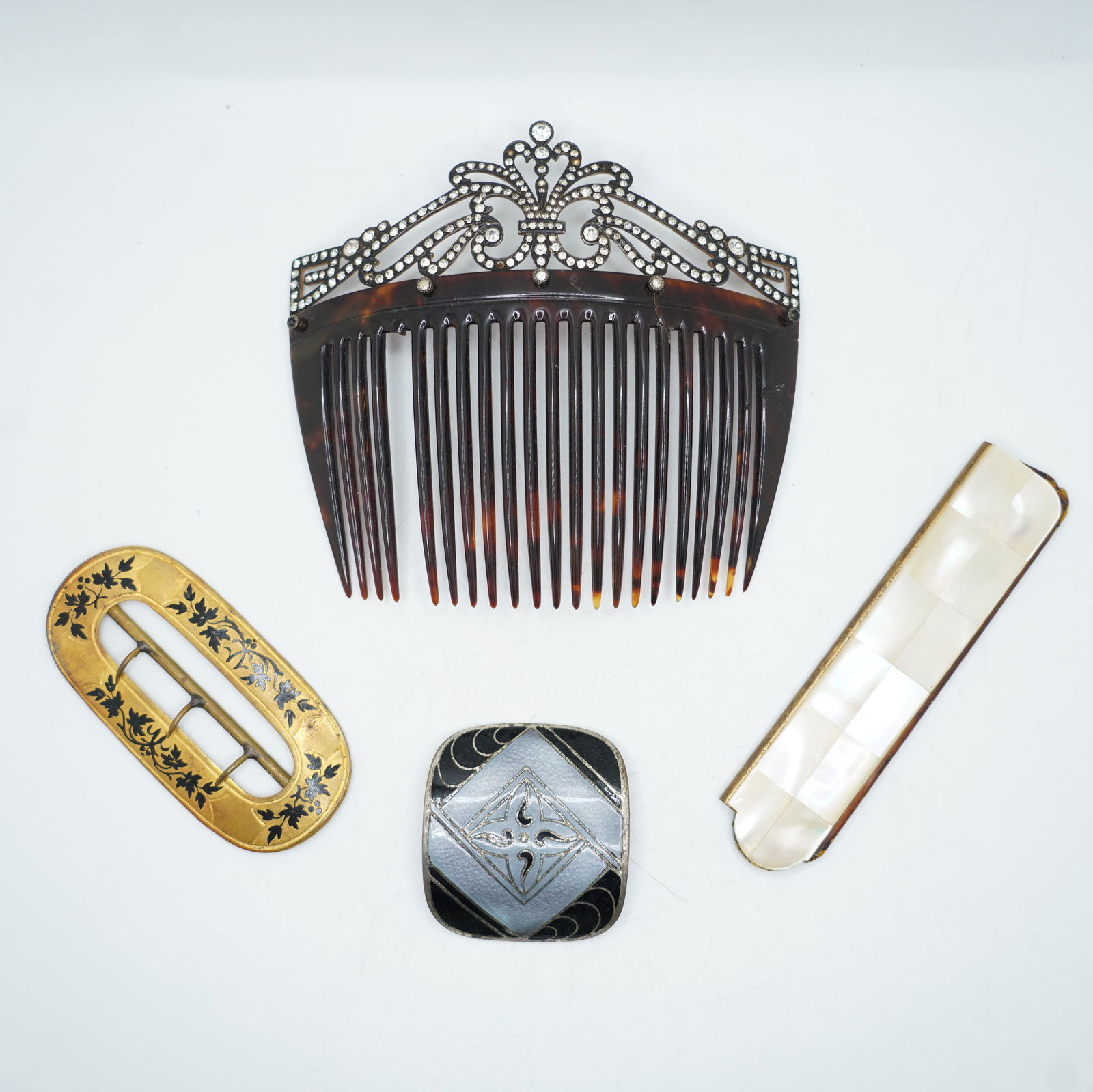 4 Assorted Celluloid Victorian Comb w/ Rhinestones [Missing Tooth] 4 1/4 in. x 4 1/2 in.; Victorian (1 of 9)