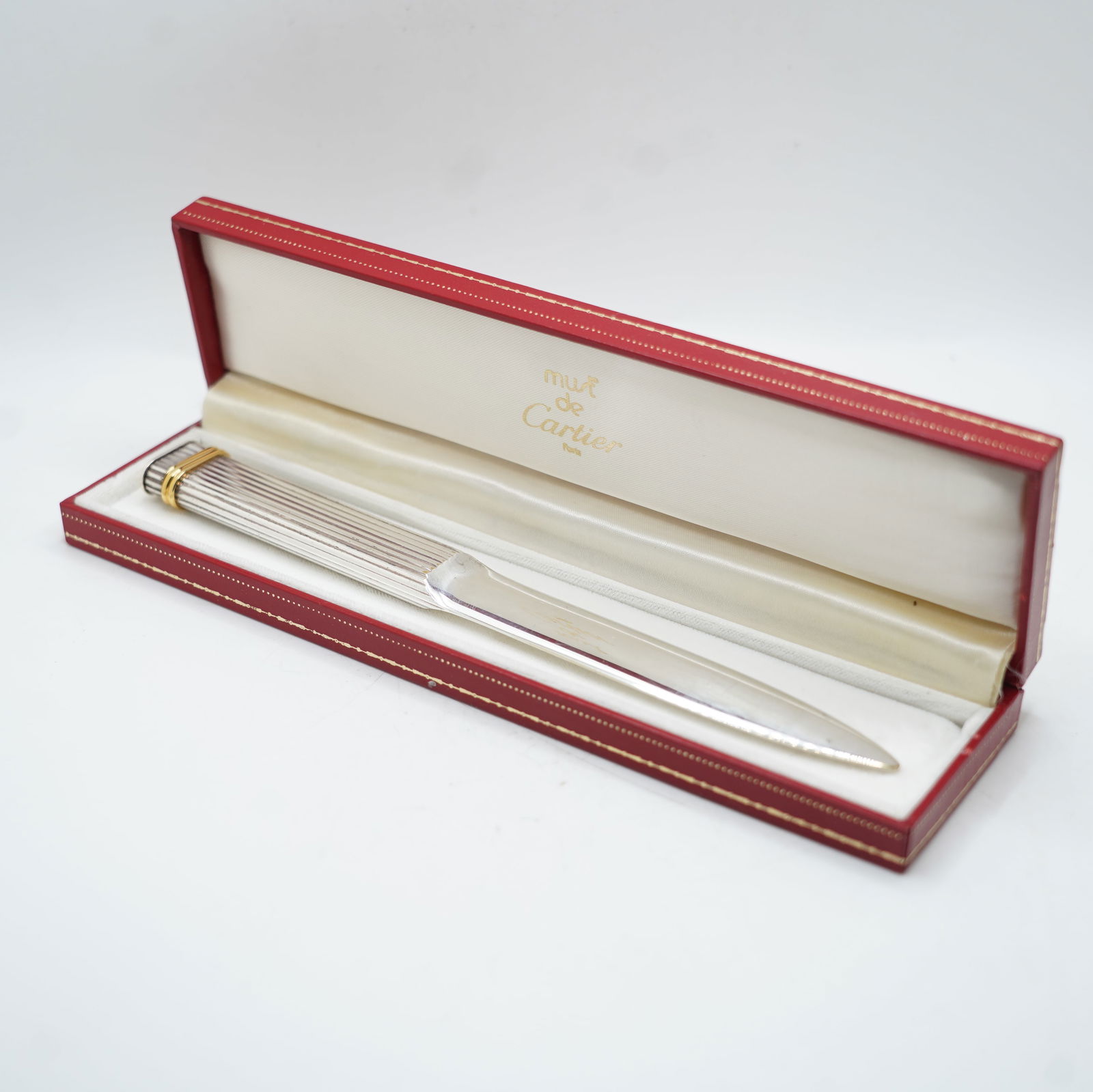 CARTIER "Must De Cartier Paris" Silver Tone Metal Letter Opener Gold Tone Accent Band in Box (1 of 10)