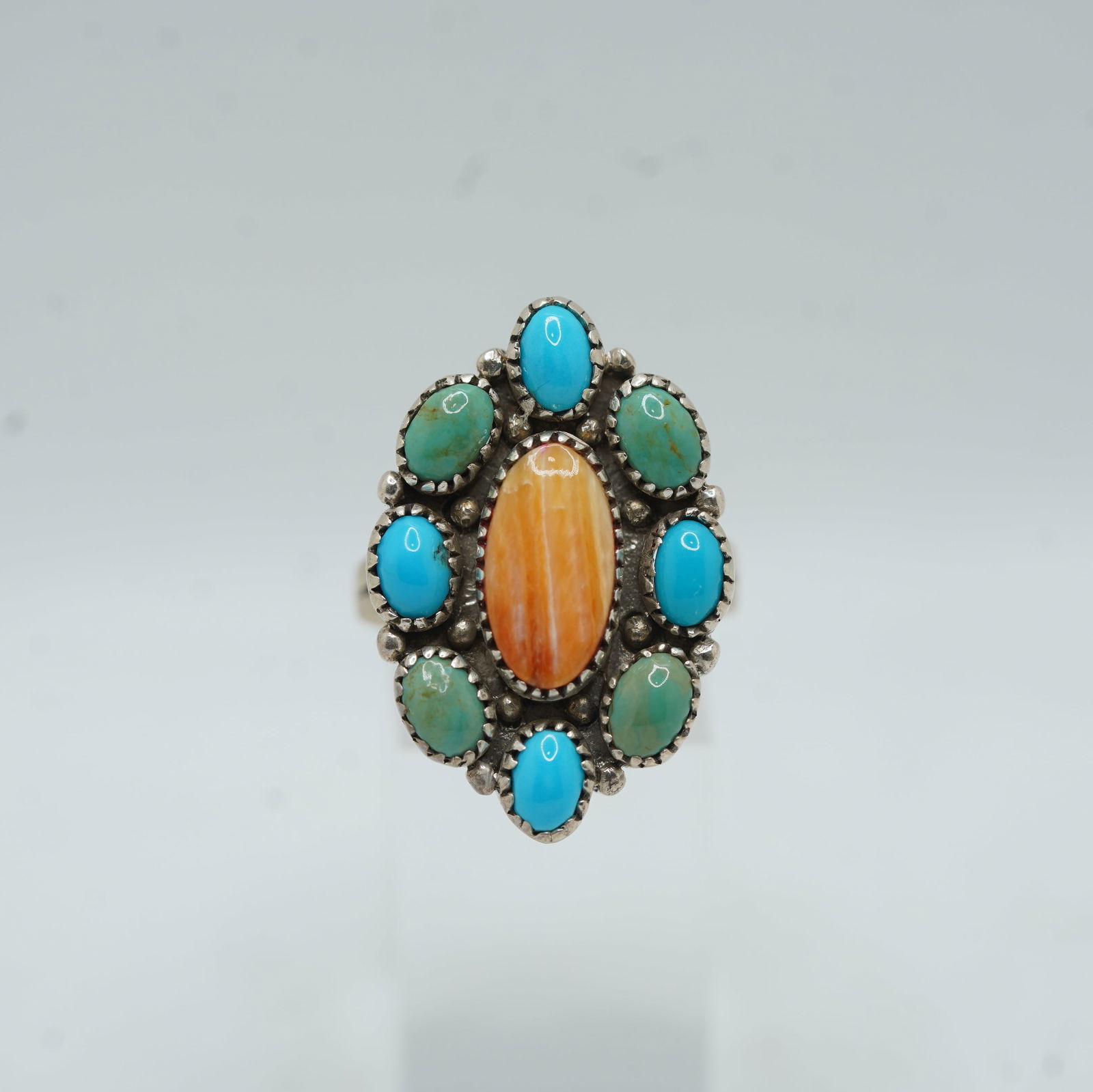 Native American Indian 11.69 Grams Sterling Silver Coral and Turquoise Oval Ring Size 9 (1 of 9)