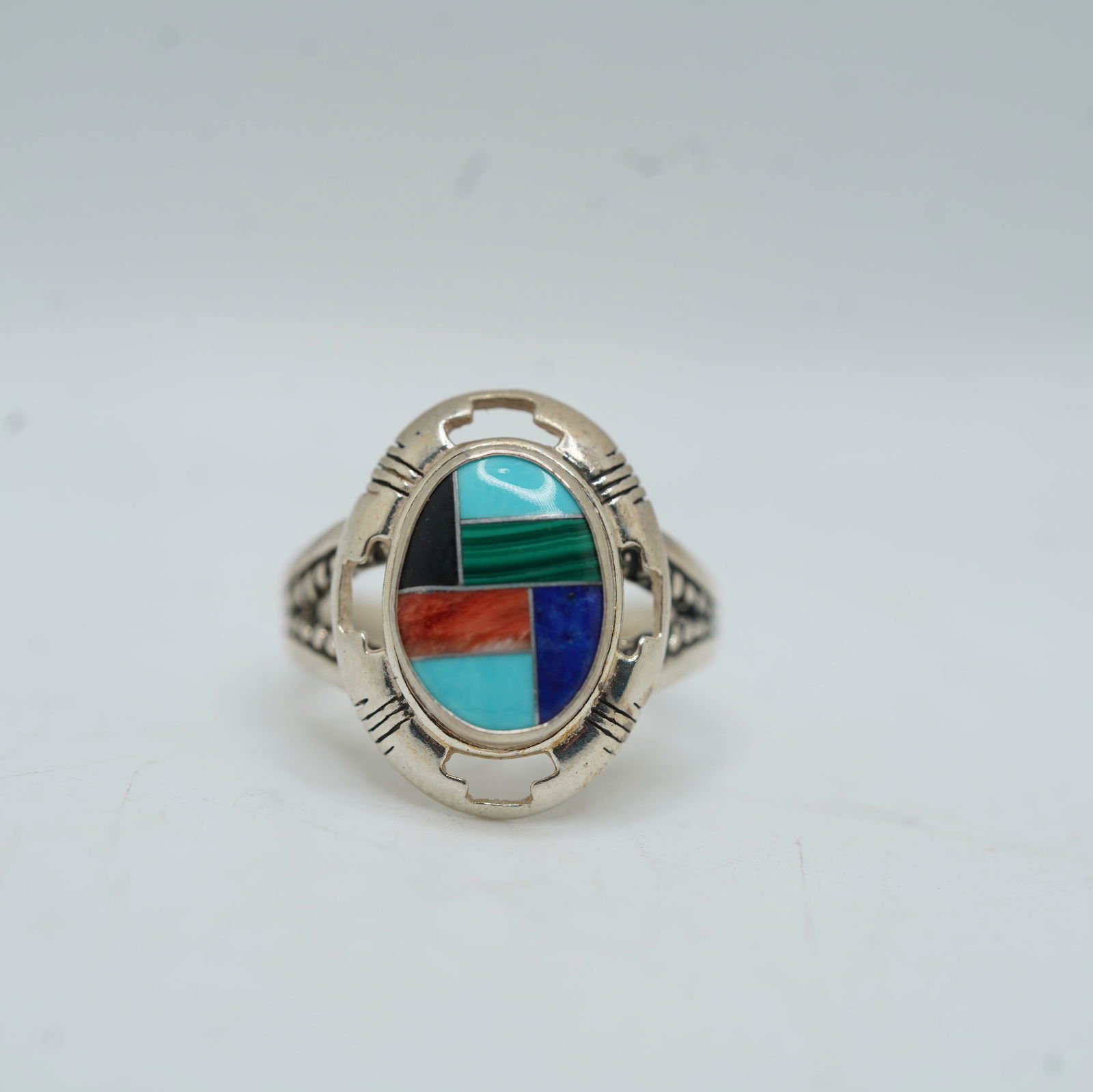 Native American Indian 7.00 Grams .925 Sterling Silver Zuni N.A.I. Inlaid Coral, Black Onyx,: Native American Indian 7.00 Grams .925 Sterling Silver Zuni N.A.I. Inlaid Coral, Black Onyx, Malachite, Lapis and Turquoise Ring Size 9 , 7/8in. x 7/8 in.