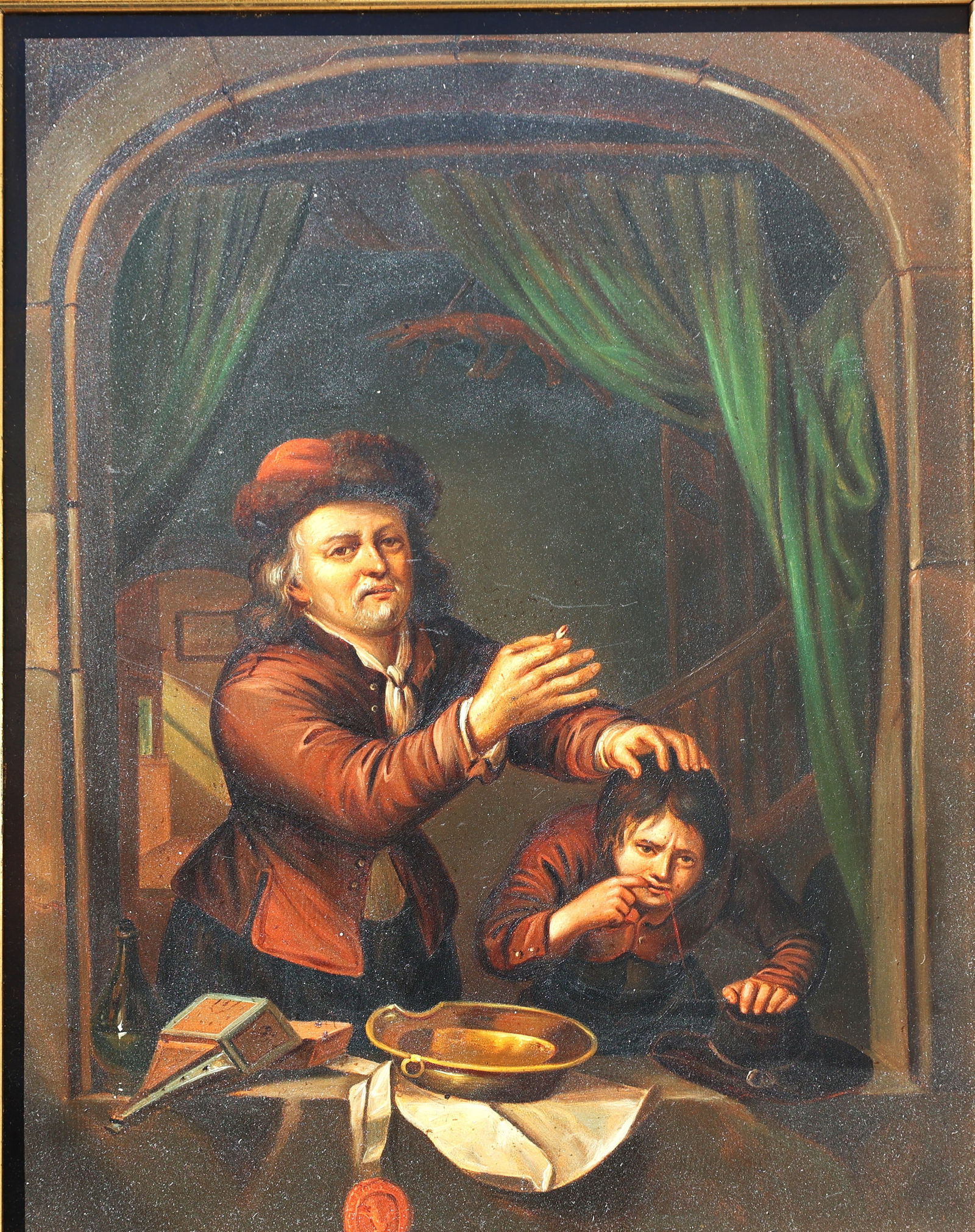 Antique 19th C. Oil Painting "The Dentist" Pulling Tooth From a Youth Child , Framed (1 of 6)