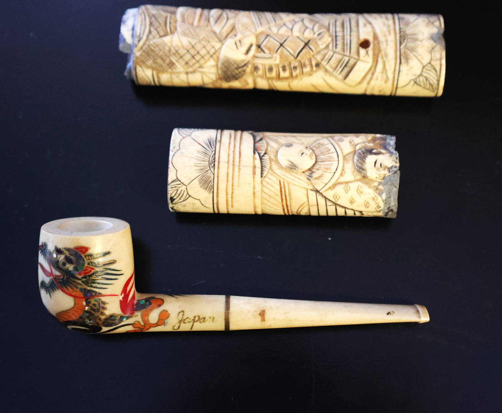 Japanese Smoking Pipe with Dragon Motif & 2 Carved Incised Japanese Sword Handle Parts (1 of 8)