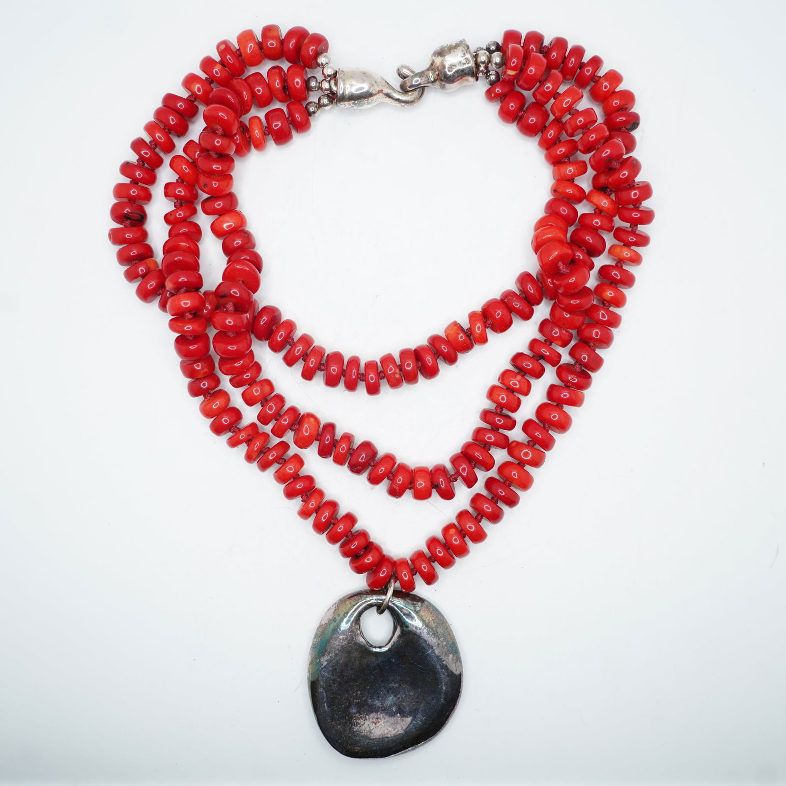 3-Strand Dyed Red Coral Necklace with Silver Clasp and Pendant 17 in. x 1 1/2 in. x 2 in. x 2 1/8 in (1 of 7)