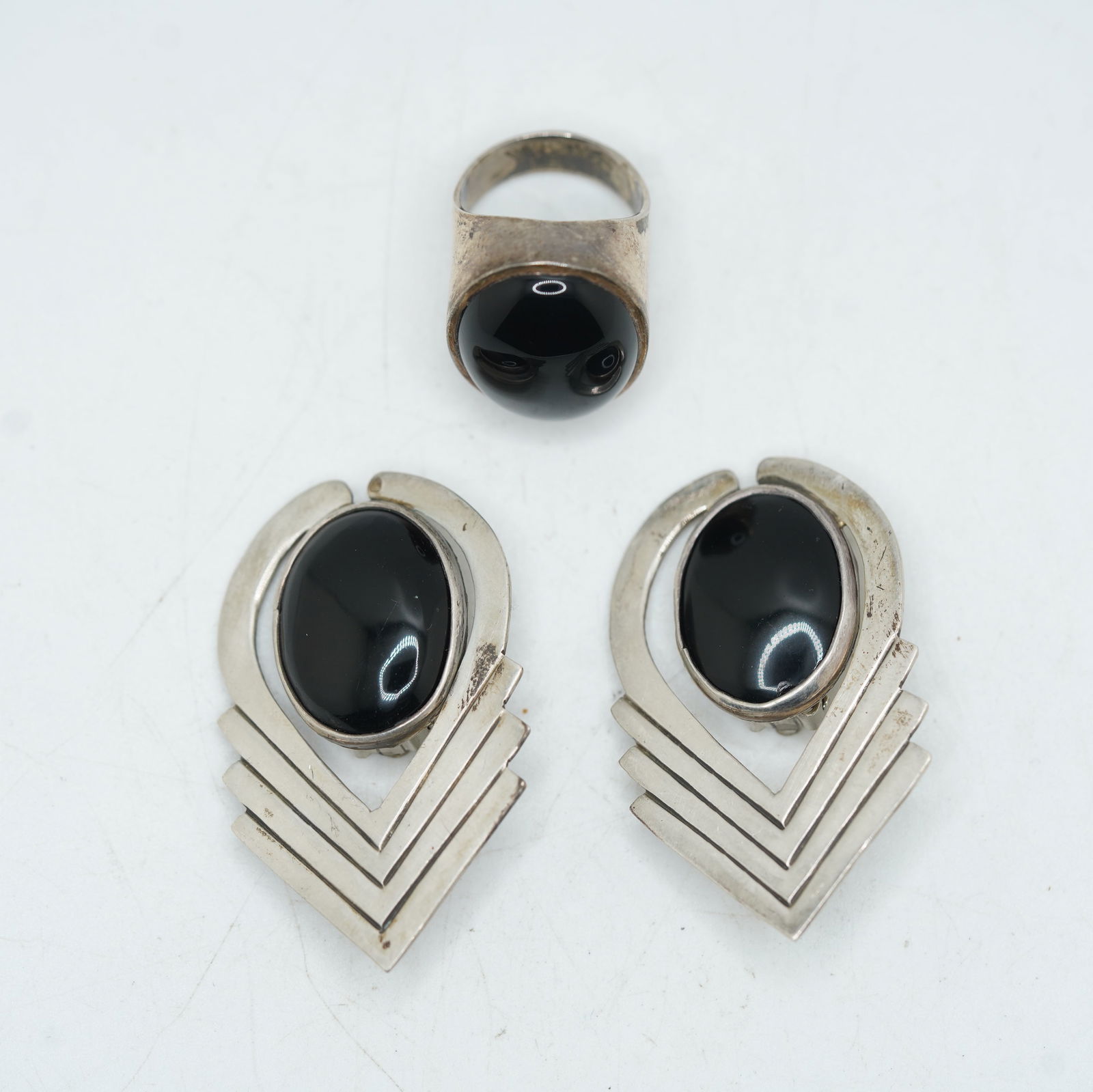 33.48 Grams .925 Sterling Silver Mexico TB-44 Black Onyx Clip Onyx Earrings & Sterling Black Onyx (1 of 9)