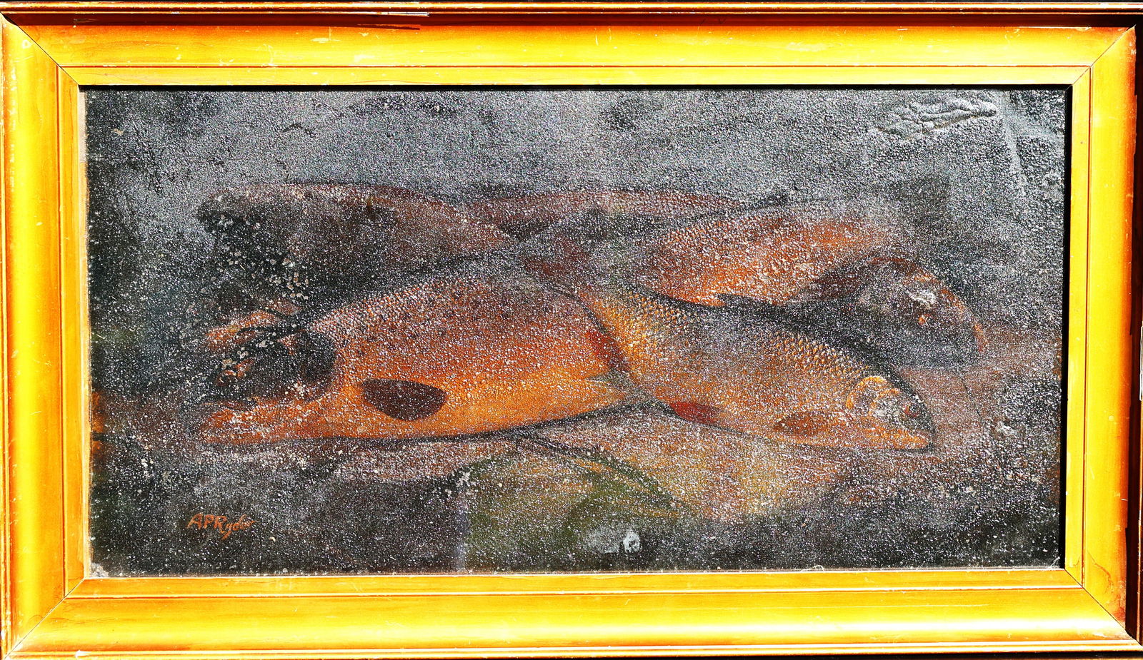 Albert Pinkham Ryder (1847 - 1917) American, Oil on Board FISH CATCH OF DAY: Albert Pinkham Ryder (1847 - 1917) American, Oil on Board Painting, FISH CATCH OF DAY, Signed, Framed. Image Size 12.25 in. x 24.25 in. ; Outer Frame Size 15.75 inches x 27.75 inches. ; ASKart: Descri