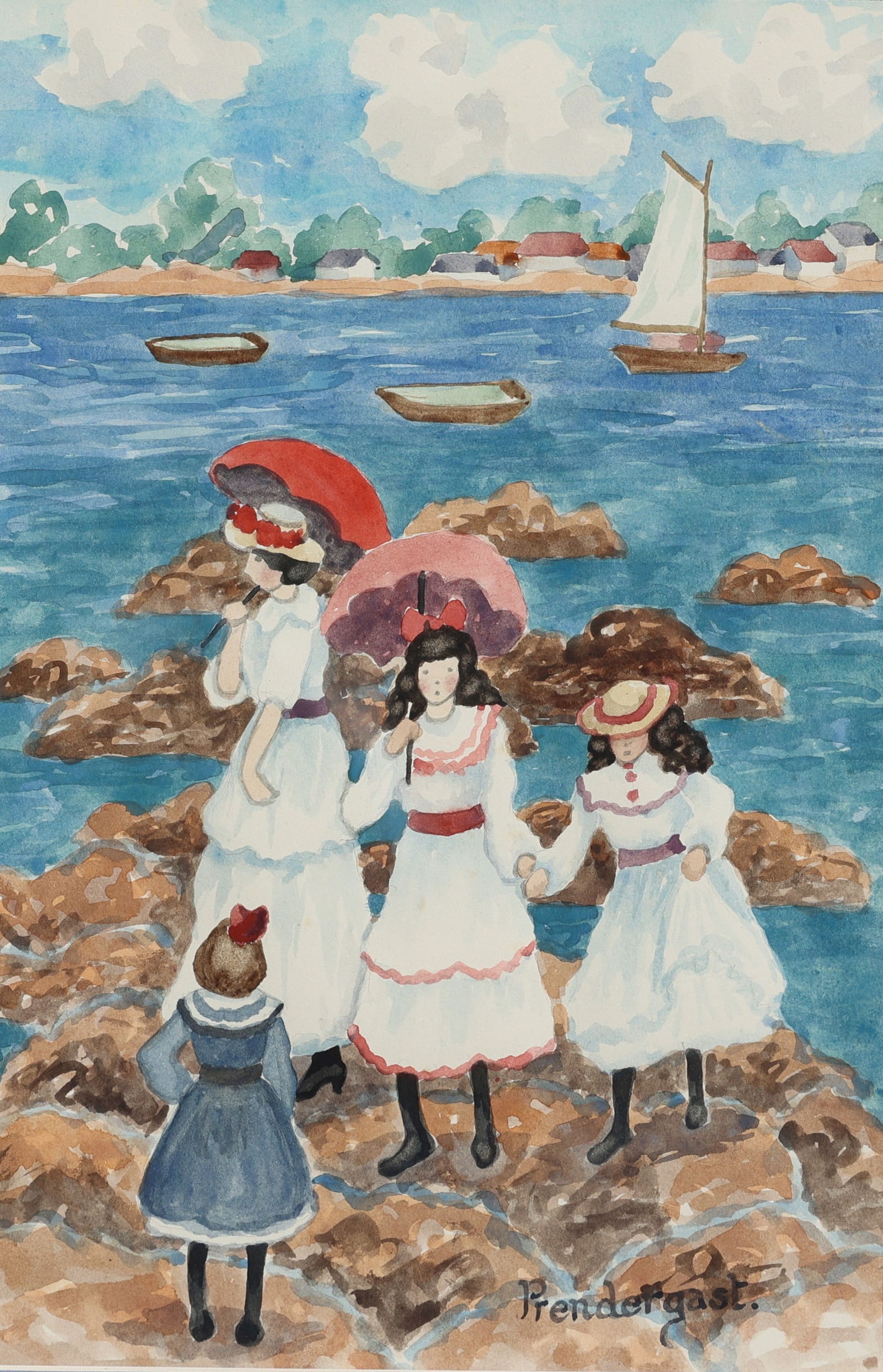 Maurice Brazil Prendergast (1858 - 1924) WATERCOLOR Painting Mother and Daughters At Sea Coast. (1 of 5)