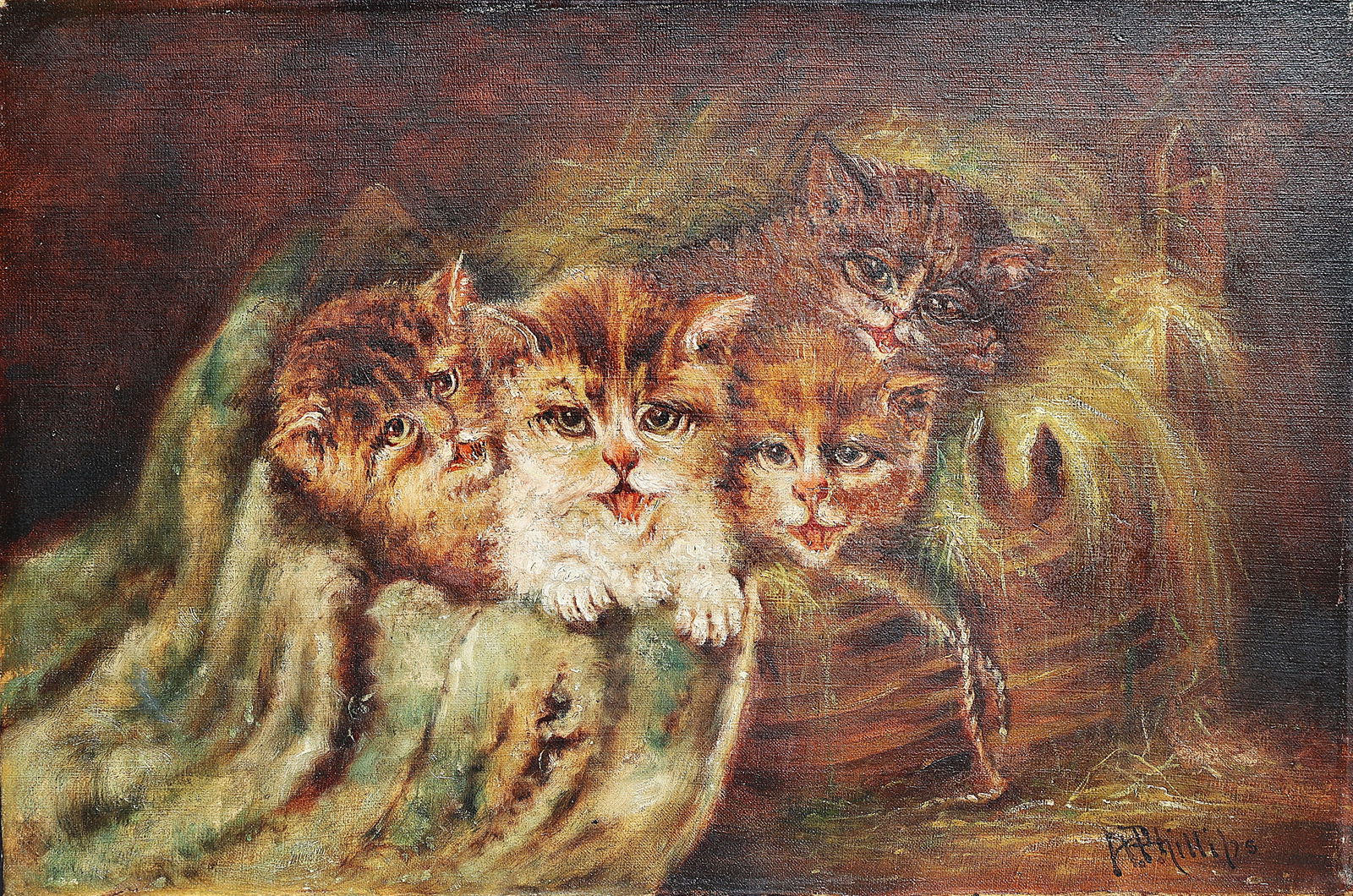 Signed A Phillips, 19th C. Oil on Canvas Painting 4 Kittens [Cats] in a Basket 12 in. x 18 in. (1 of 5)
