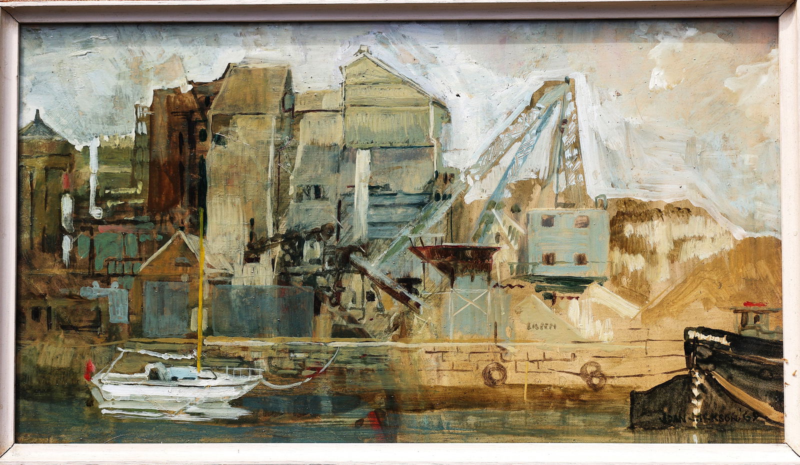 Joan Jackson, Folkstone Kent,"Dover Docks" Oil on Board Painting INDUSTRIAL WATERFRONT (1 of 7)