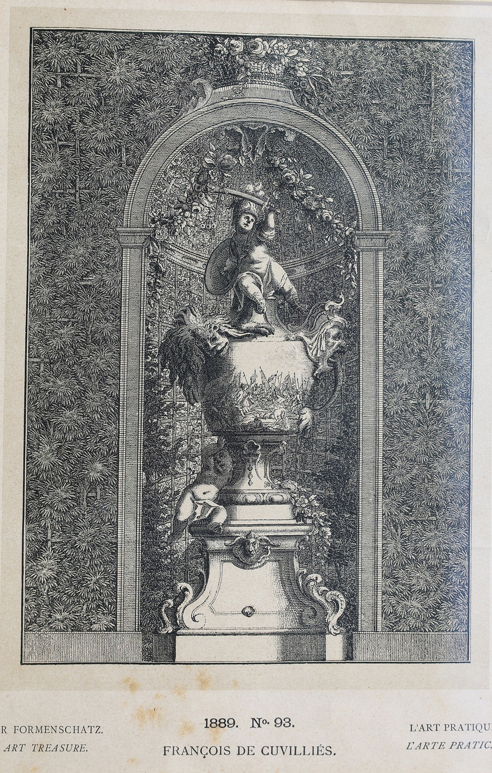 1889 Architectural Etching of an Ornate Pedestat Urn in Archway "1889 No. 93" Francois De Cuvillies (1 of 5)