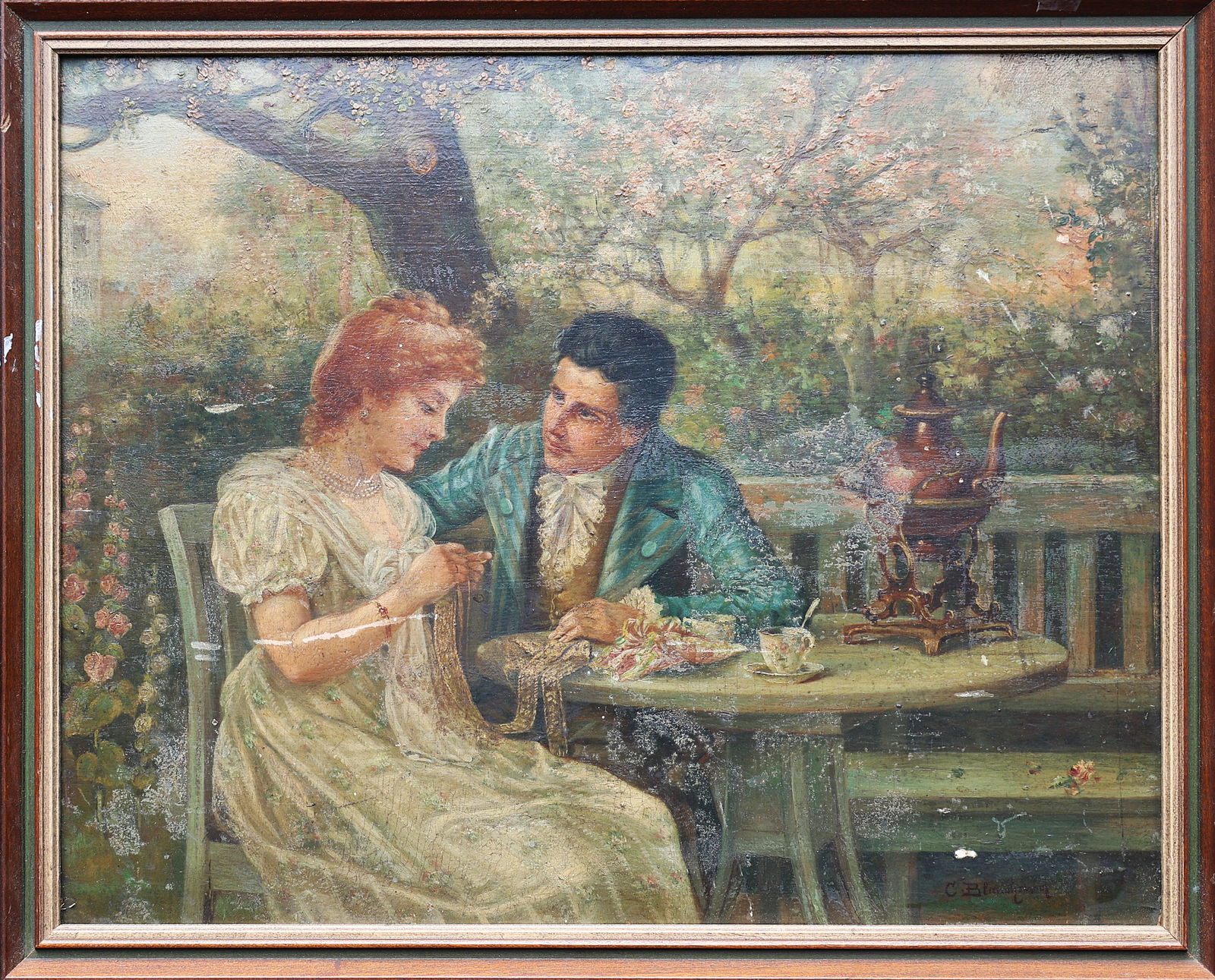 Signed C. Blanchard, Antique on Wood Panel, Romamtic Scene Man & Woman Garden Setting (1 of 6)