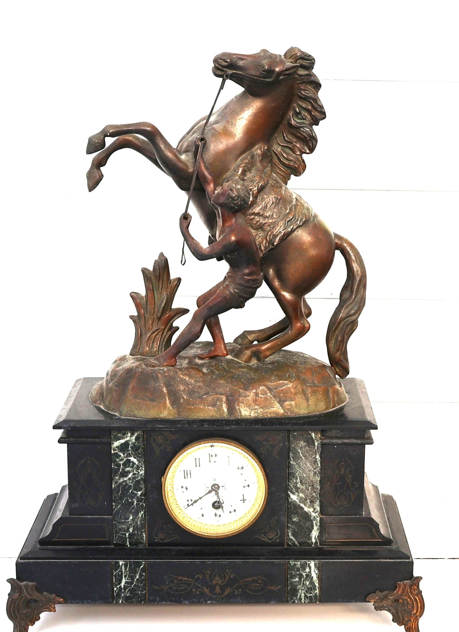 19th C. Victorian Mantle Clock with Cast Metal Spelter Marly Horse Sculpture in Original Patina (1 of 6)