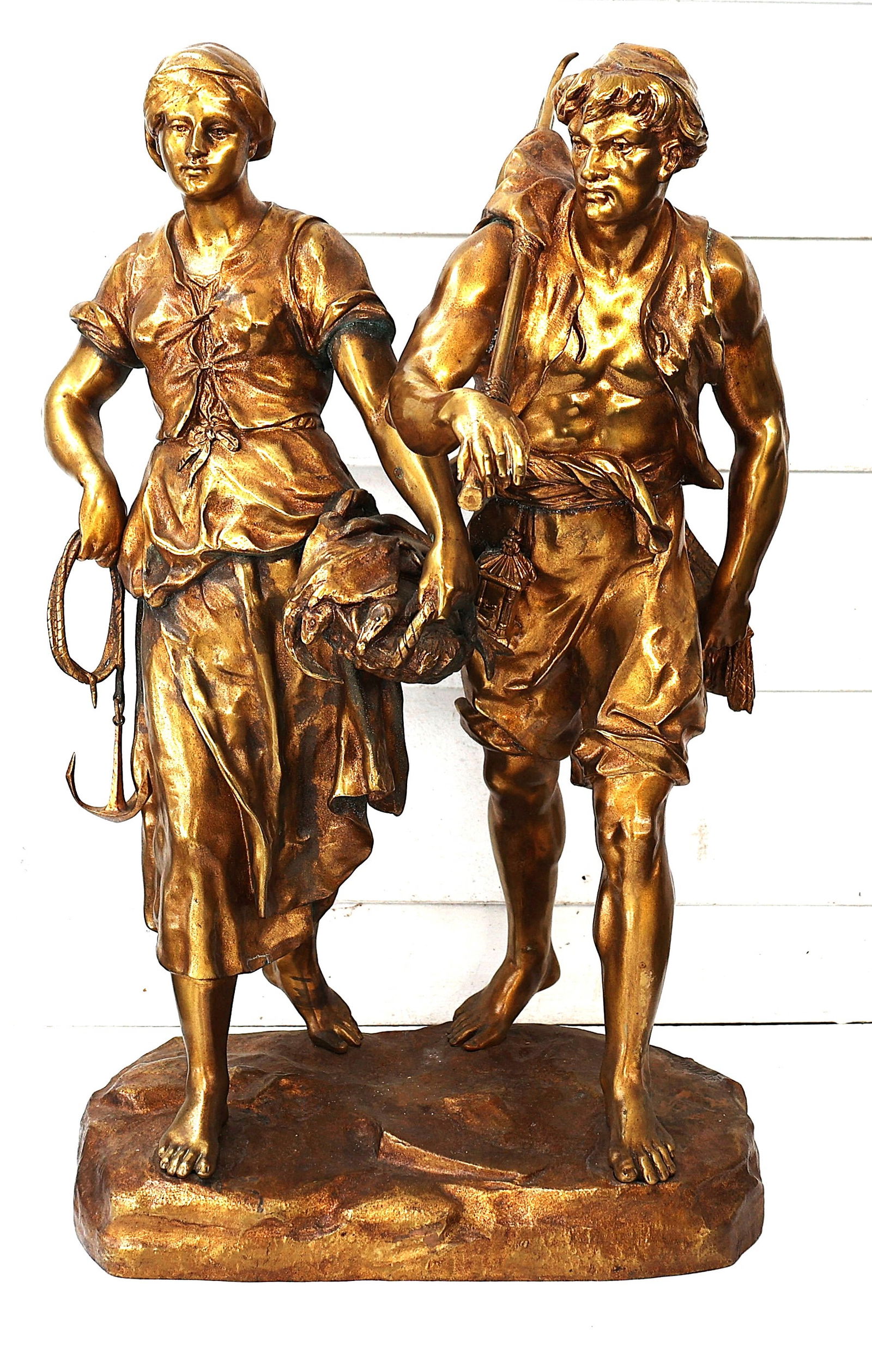 Émile-Louis Picault, Large 23 in. Bronze sculpture titled Mareyeuse and Pêcheur (Fisherwoman and (1 of 7)