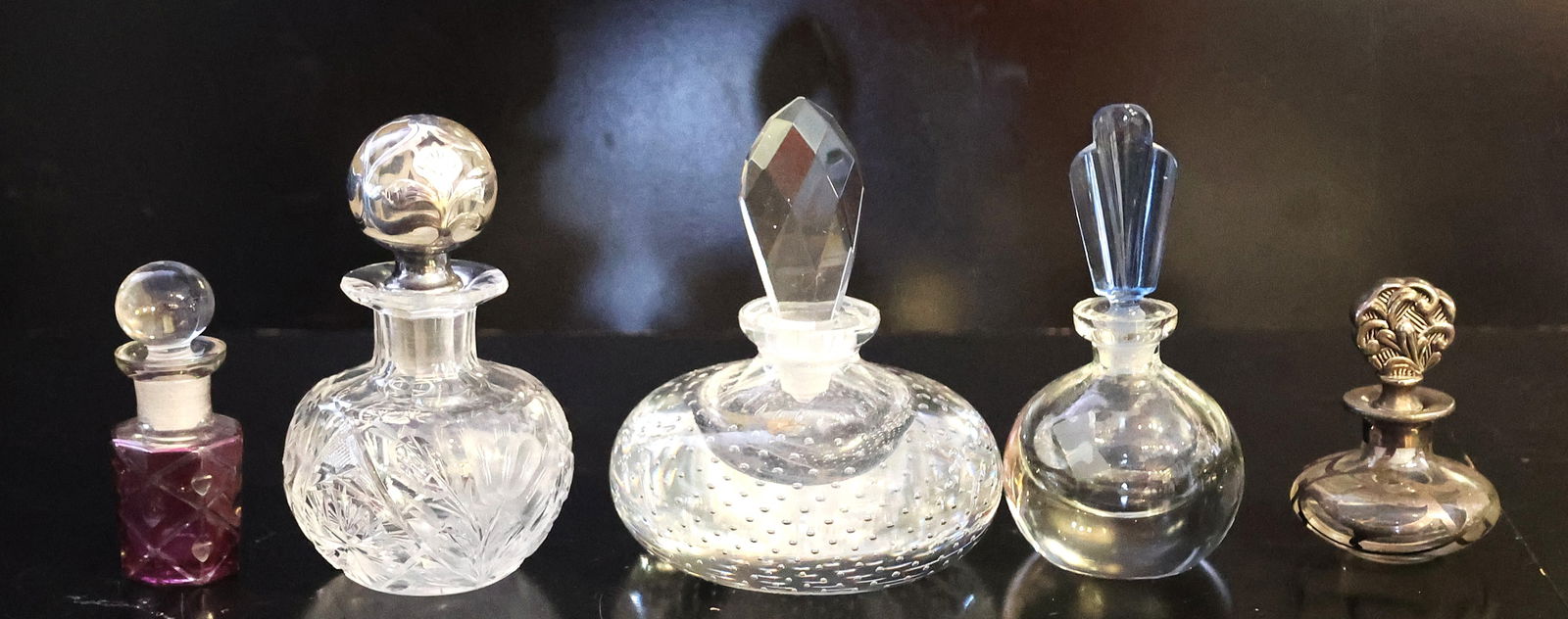 5 Assorted Perfume Bottles, Various Sizes 3.5 in., 5.25 in., 5.5 in., 5.25 in., 3 .25 in. heights (1 of 4)