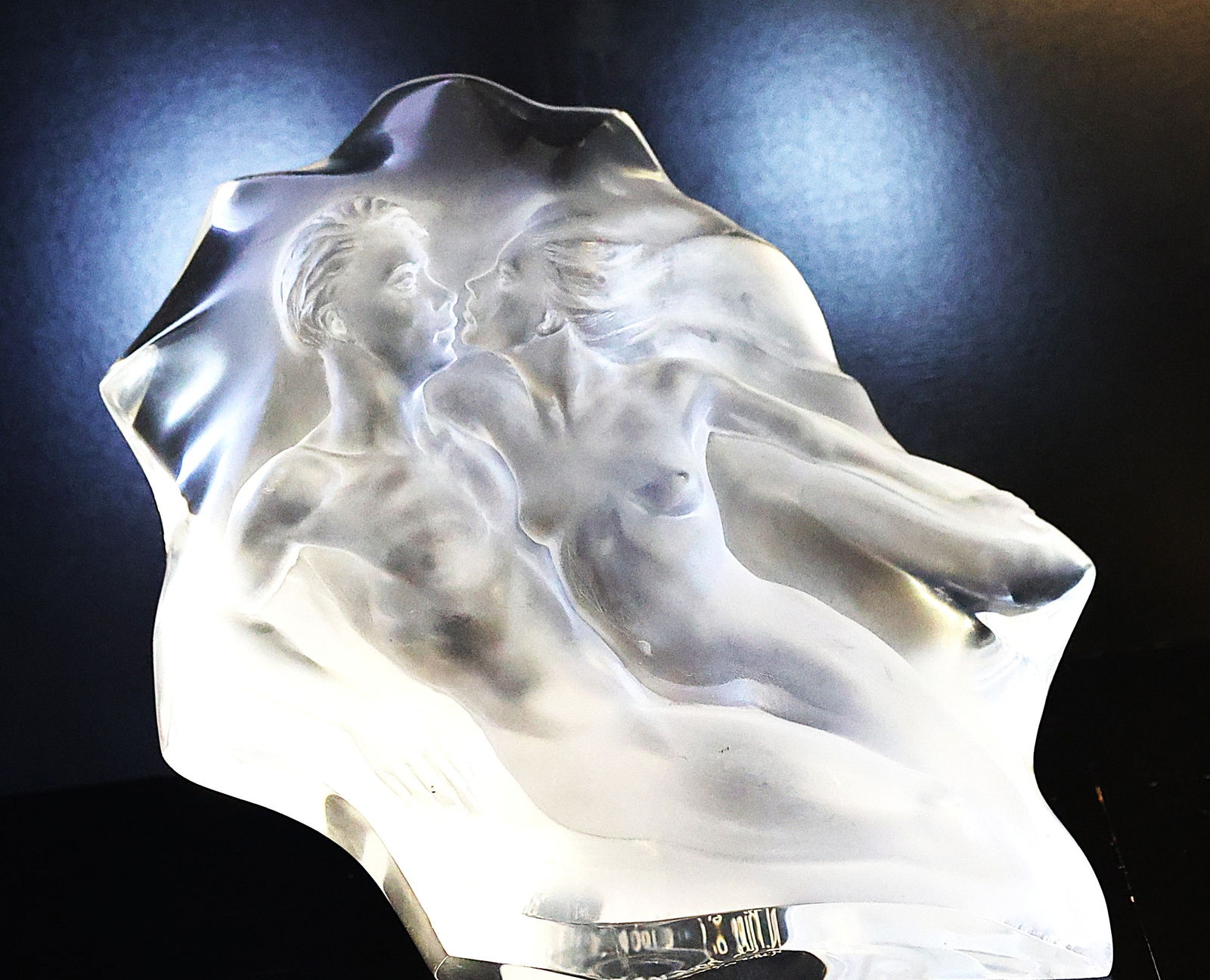 Signed N RICE, #61/2500 c. 1993 FAA, Large Acrylic Sculpture of Man and Woman Lovers: Signed N RICE, #61/2500 c. 1993 FAA, Large Acrylic Sculpture of Man and Woman Lovers. Size: 10.5 inches height, 11.5 inches weight, 6.5 inches diameter.