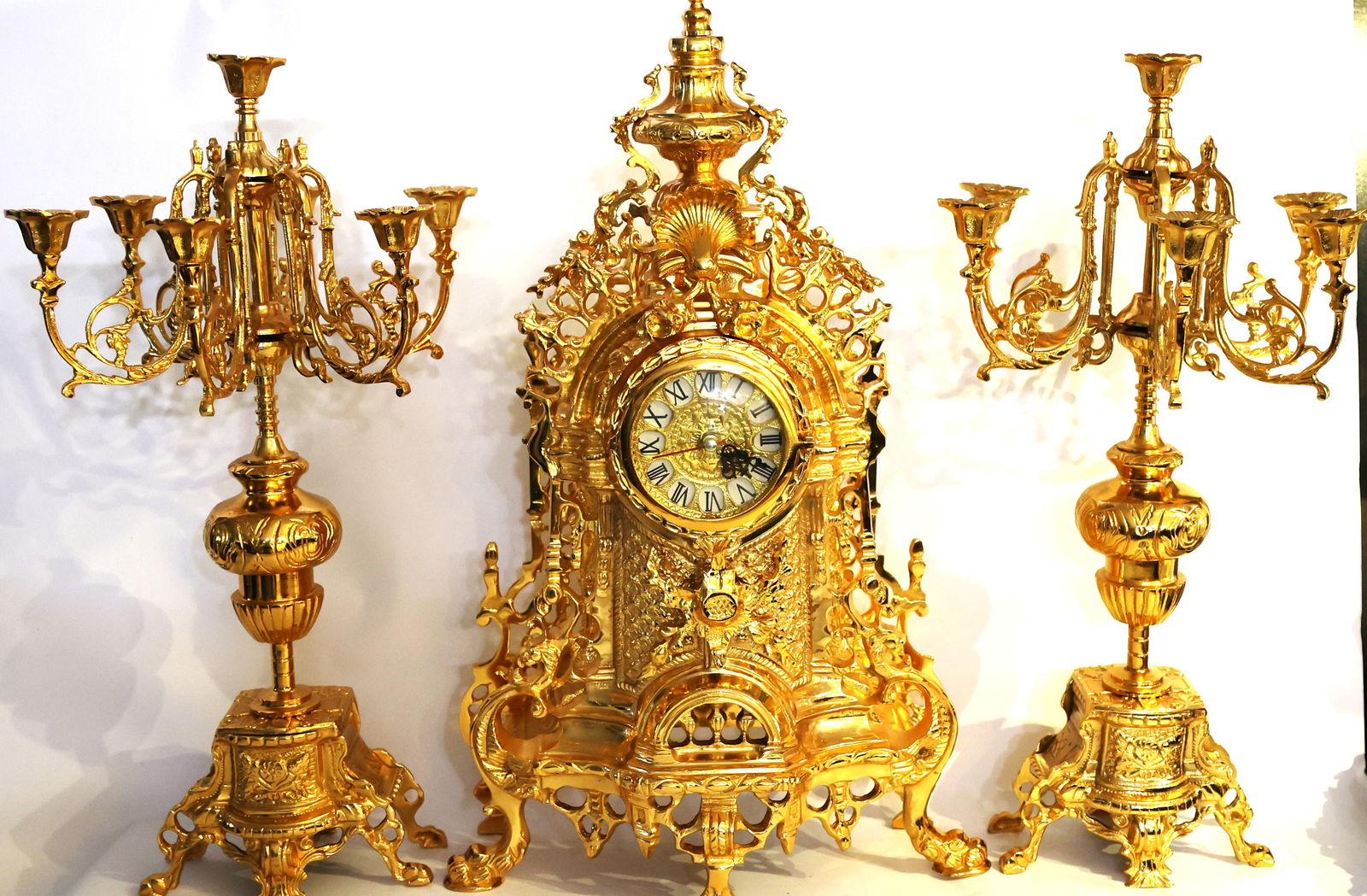 3-Pc Impressive 20th C. Rococo-style Brass Mantel Clock and Candelabra Gniture Set (1 of 12)