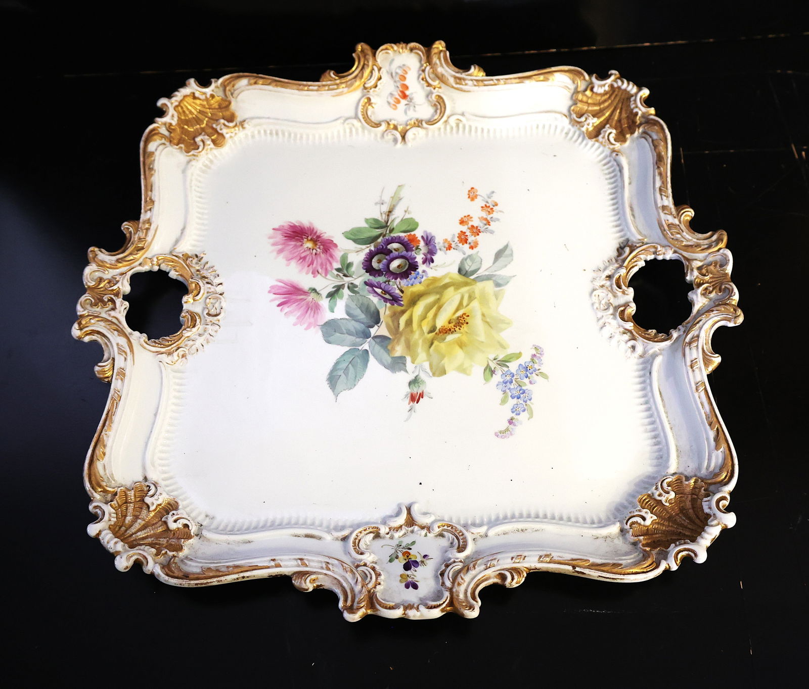 MEISSEN Antique Gilt Porcelain Floral Square Serving Tray Rococo Revival 16 in. x 16 in. (1 of 10)