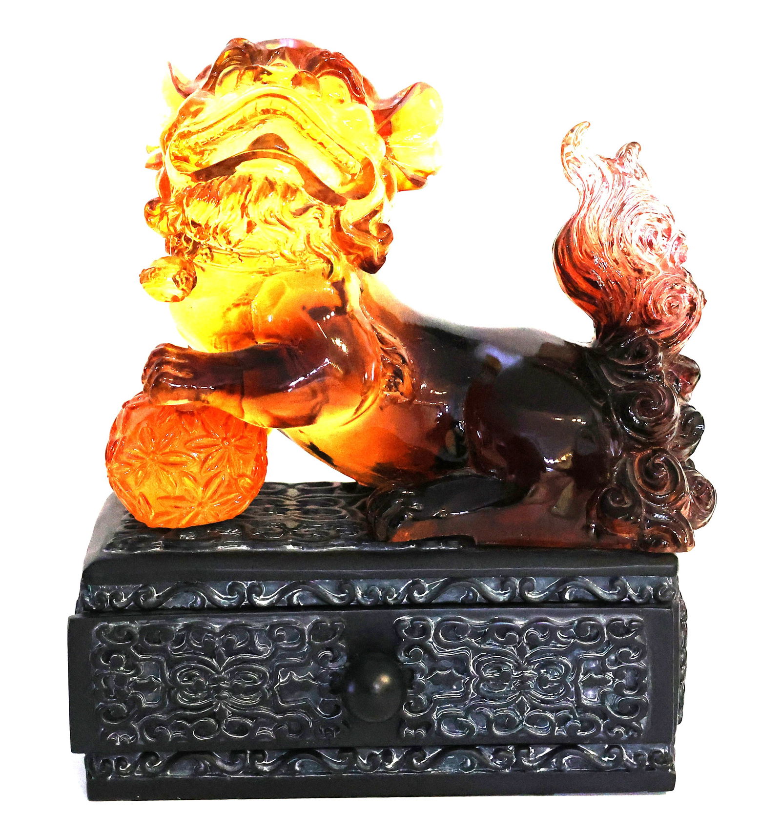 Fire Amber Acrylic Chinese Guardian Lion, also known as a Foo Dog, Jewelry Box (1 of 7)