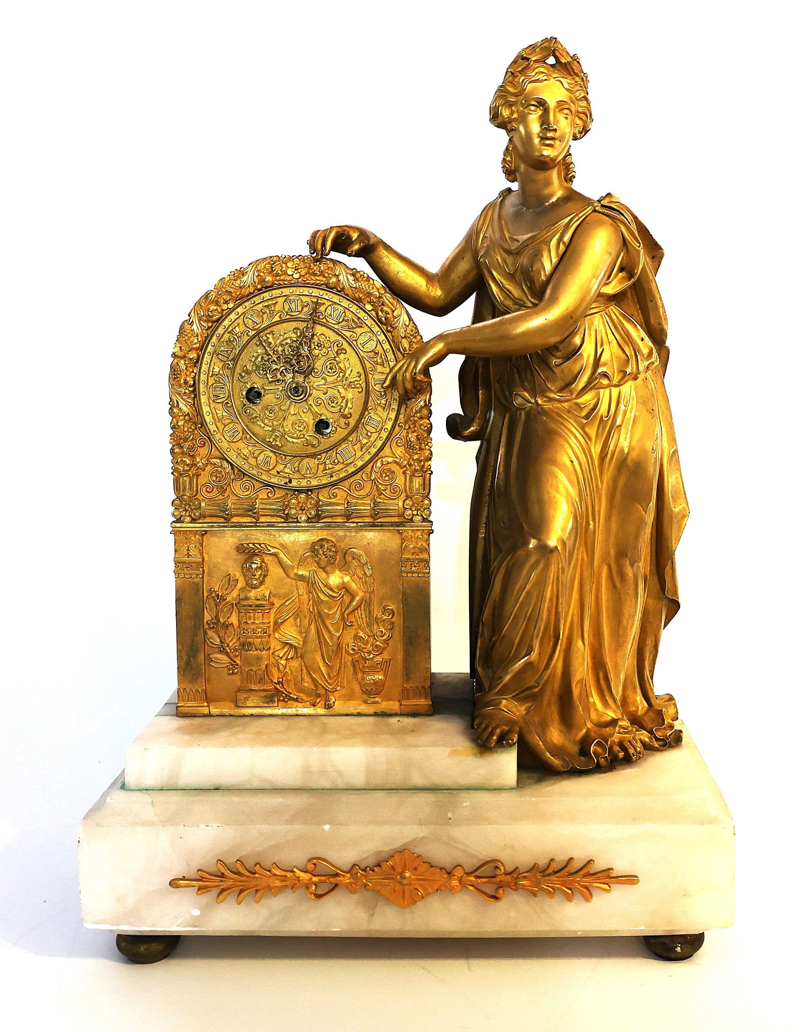 19th C. French Empire Ormolu and Marble Mantel Clock Depicting Ceres or Urania.: French Empire ormolu and marble mantel clock, possibly depicting Ceres or Urania. The clock dates to the early 19th century. It features a gilt-bronze (ormolu) figure of a classical goddess standing n