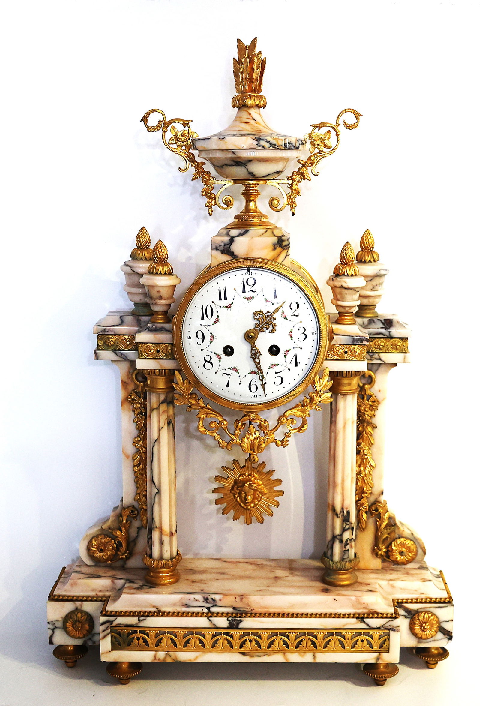 Exceptional French Louis XVI-style Gilt Bronze and Marble Portico Mantel Clock Dore Bronze Mounts (1 of 12)