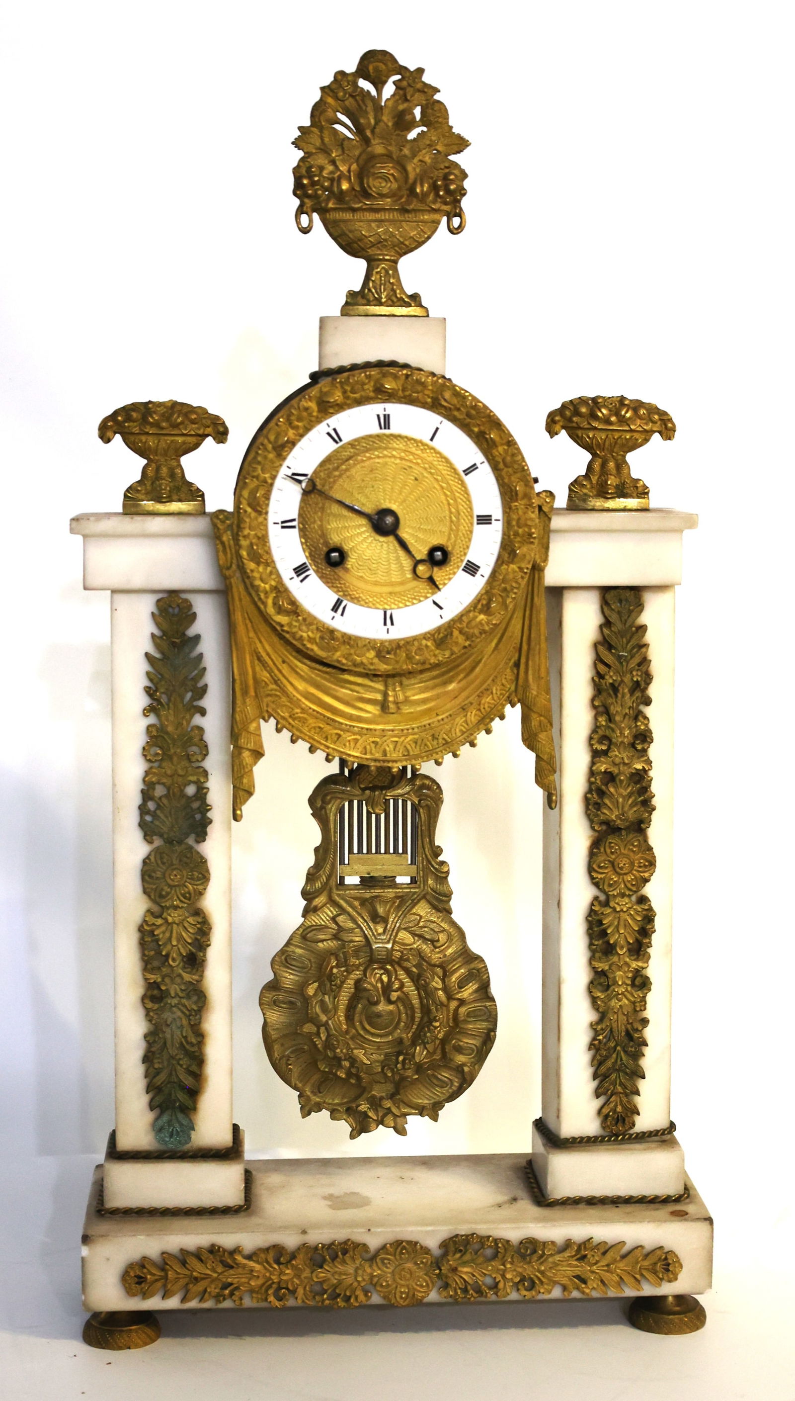 French 19th-century Louis XVI or Empire style white marble and gilt bronze (ormolu) portico clock (1 of 9)