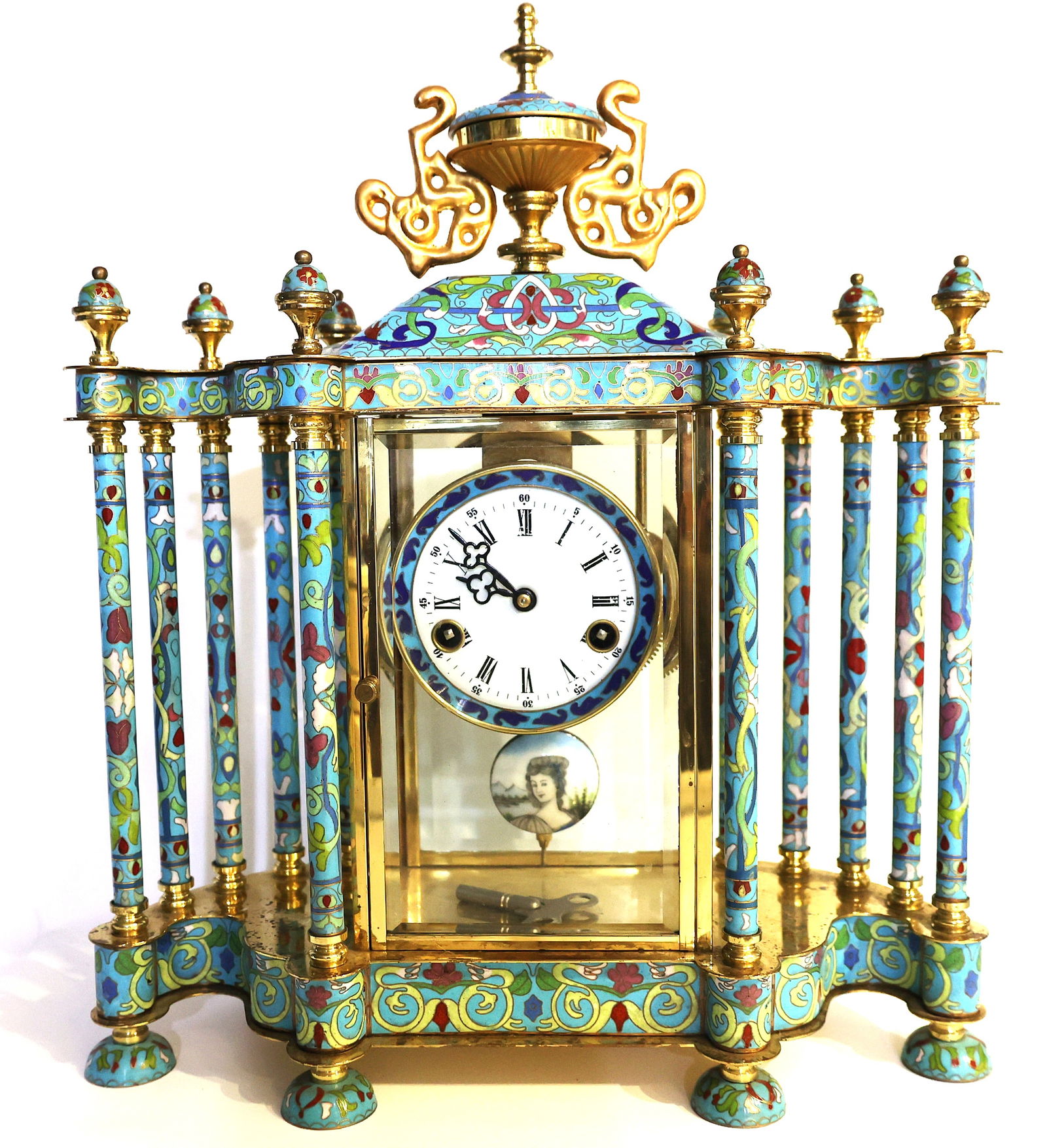 Chinese Cloisonne Mantle Clock ntricate Enamel Inlay and Porcelain Dial, Enameled Portrait Pendulum (1 of 7)