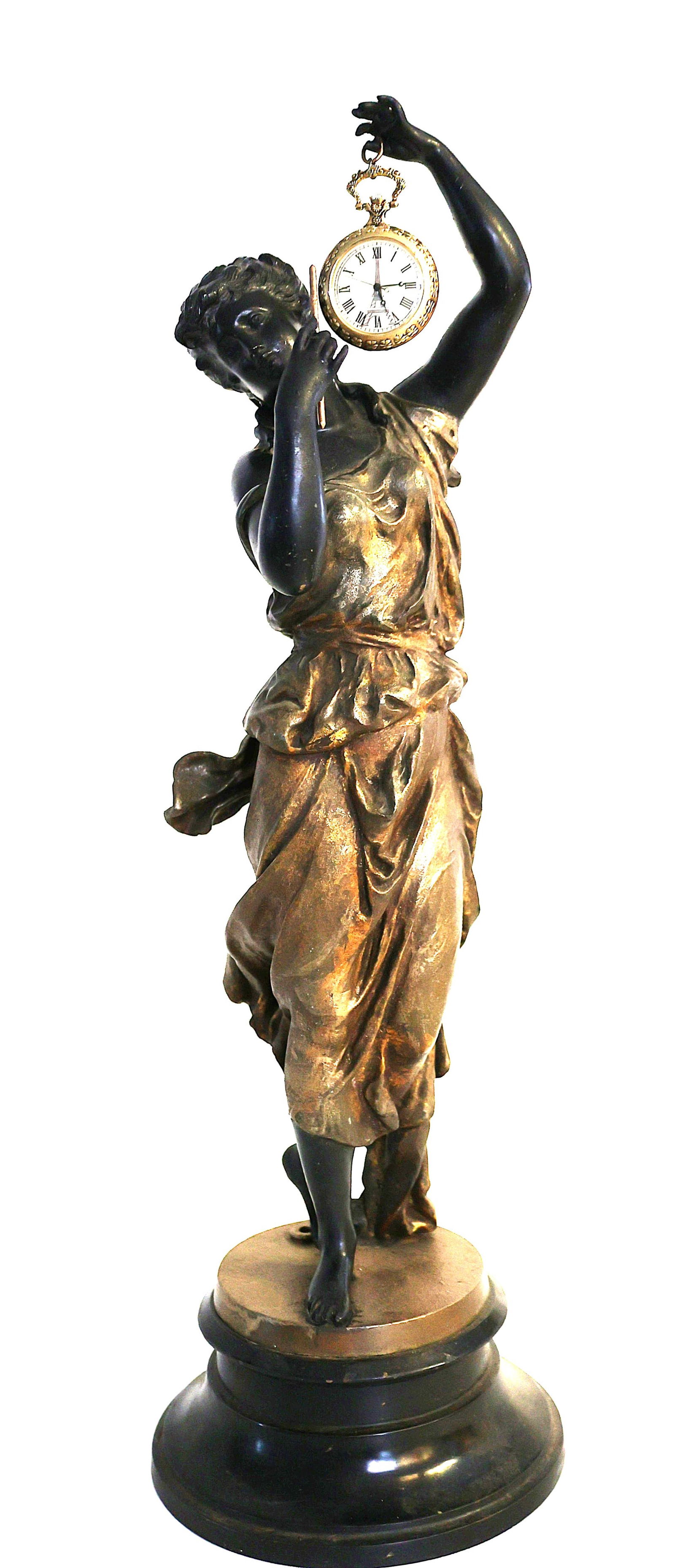 19th C. Cast Metal Spelter Art Nouveau Woman "Diana" Statue Holding Pocket Watch 22.5 in. height (1 of 10)