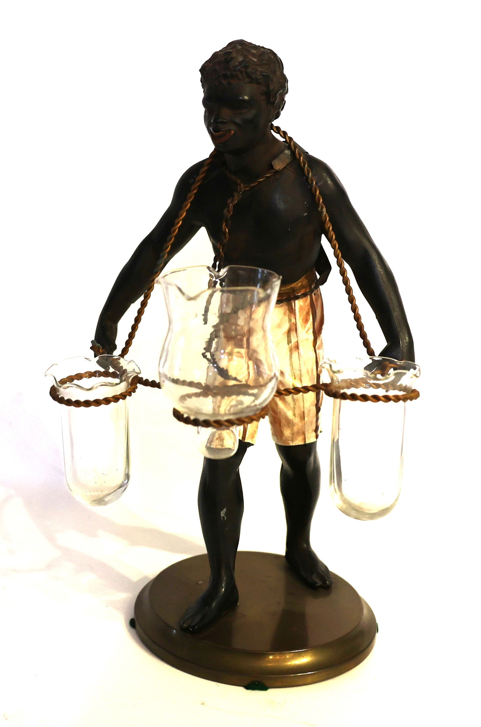 Vintage Blackamoor Cast Metal Statue Hand Painted Holding Metal Rope Twist Rack 3 Glass Vases (1 of 9)