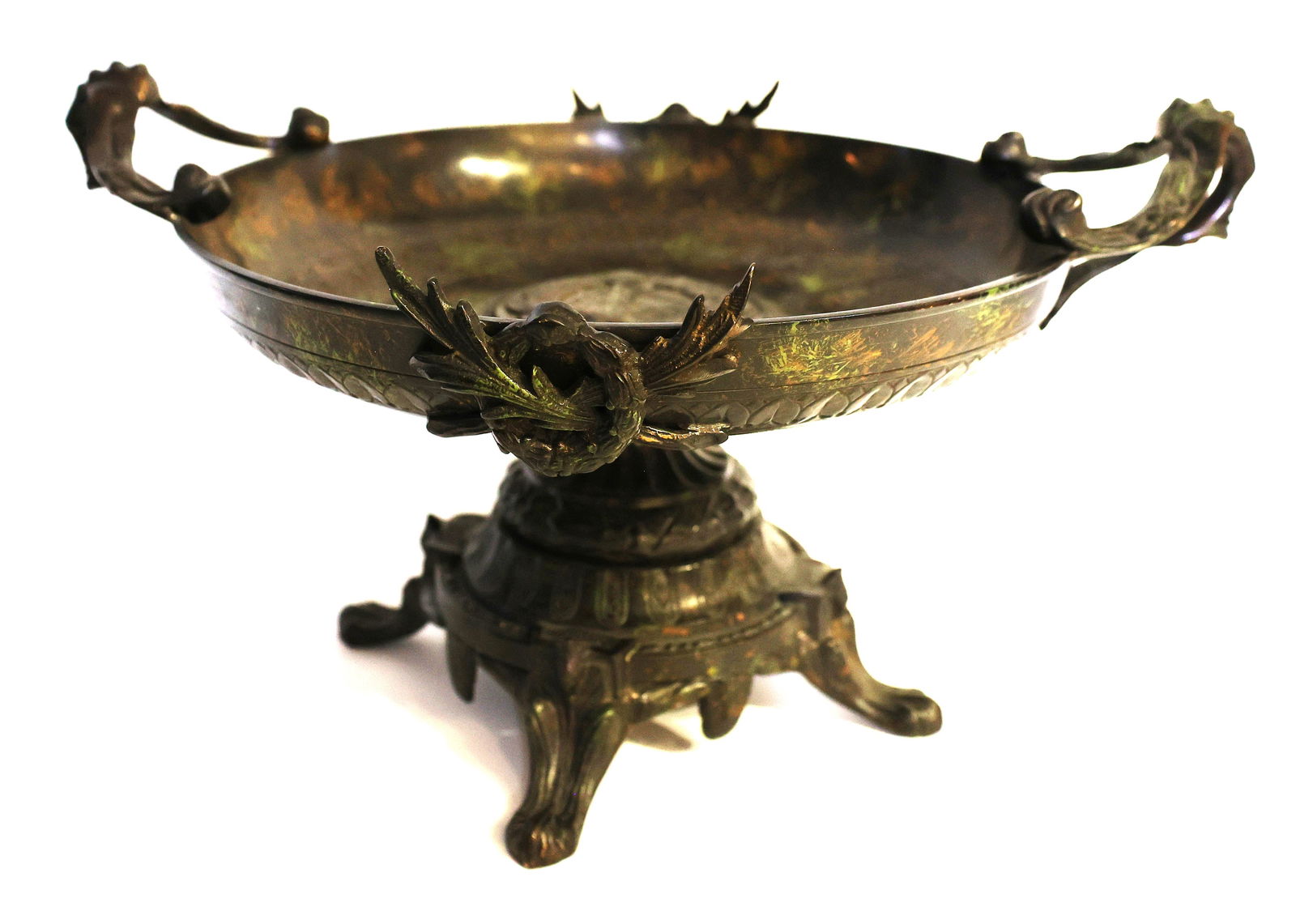 19th C. Bronze Art Nouveau Taza Pedestal Base Center Compote, Good Patina, Leaf, Vines (1 of 8)