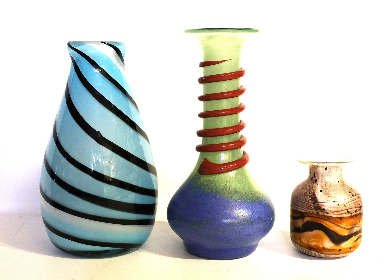 3 Assorted Handmade Artisan Art Glass Vases, Distinct Decorative Patterns Swirls and Threaded (1 of 8)
