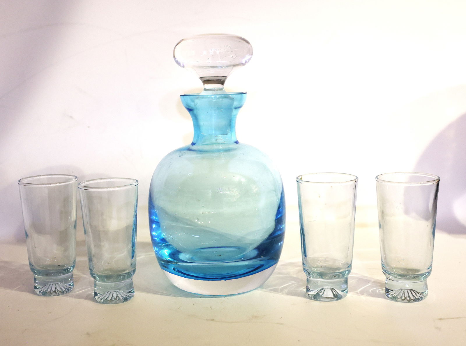 Mid-Century Modern Aqua Blue Clear Art Glass Decanter With Stopper and Matching Shot Glasses (1 of 4)