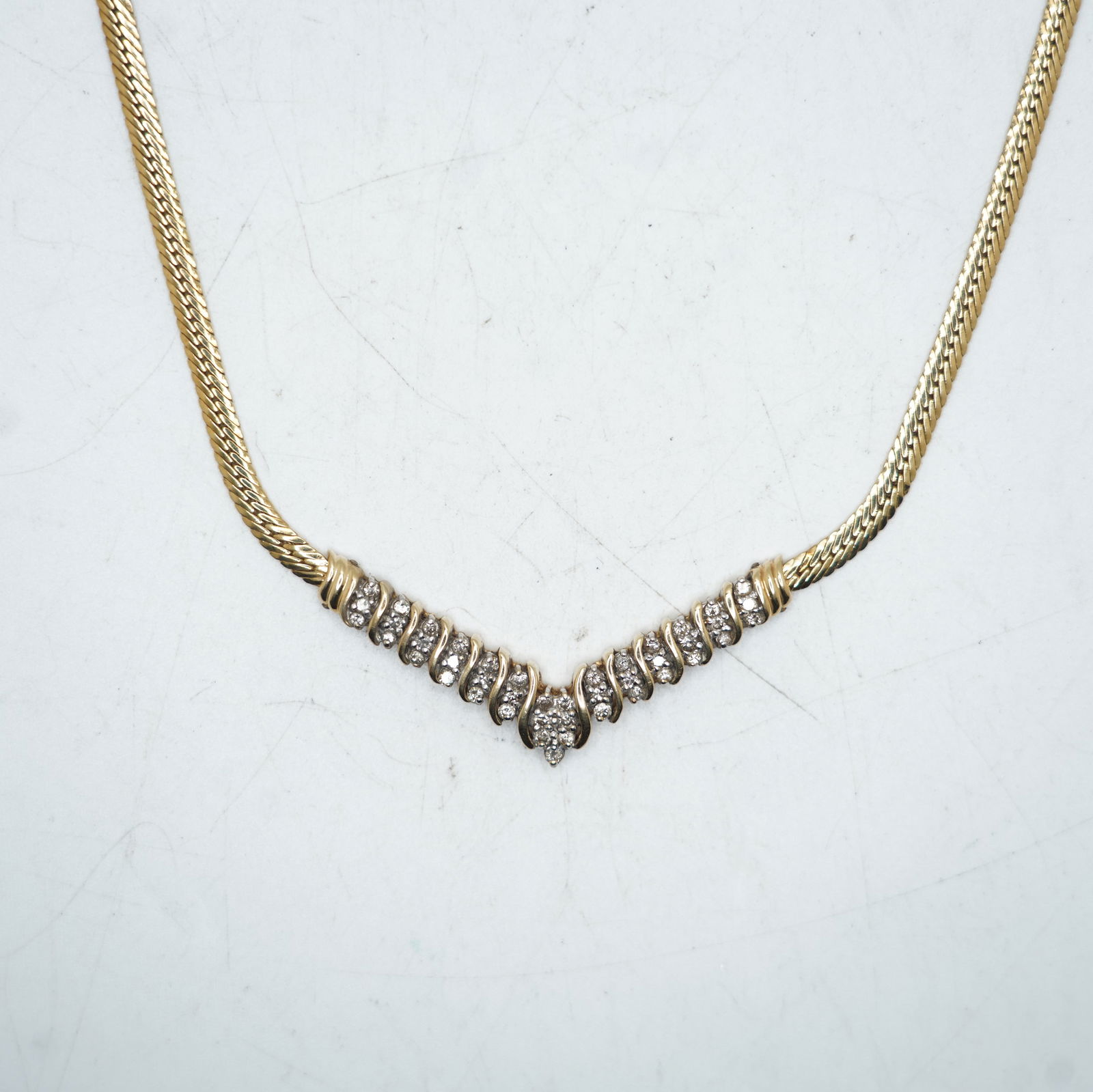 10.29 DWT 10K Yellow Gold "V" Diamond Necklace 17 inches x 7/8 in. (1 of 13)