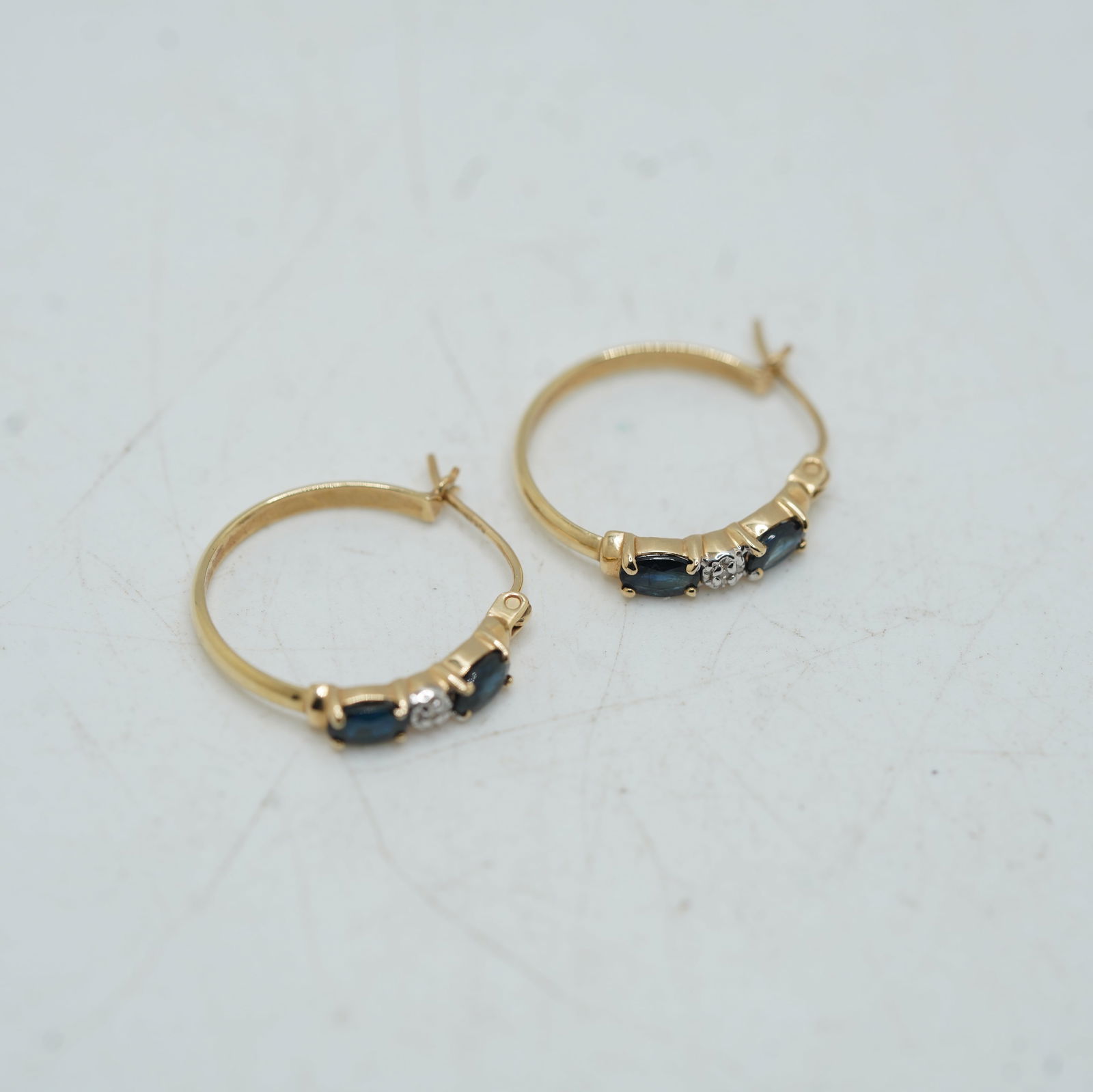 1.4 DWT 14K Yellow Gold Sapphire and Diamond Hoop Earrings, 3/4 in. diameter: 1.4 DWT 14K Yellow Gold Sapphire and Diamond Hoop Earrings, 3/4 in. diameter