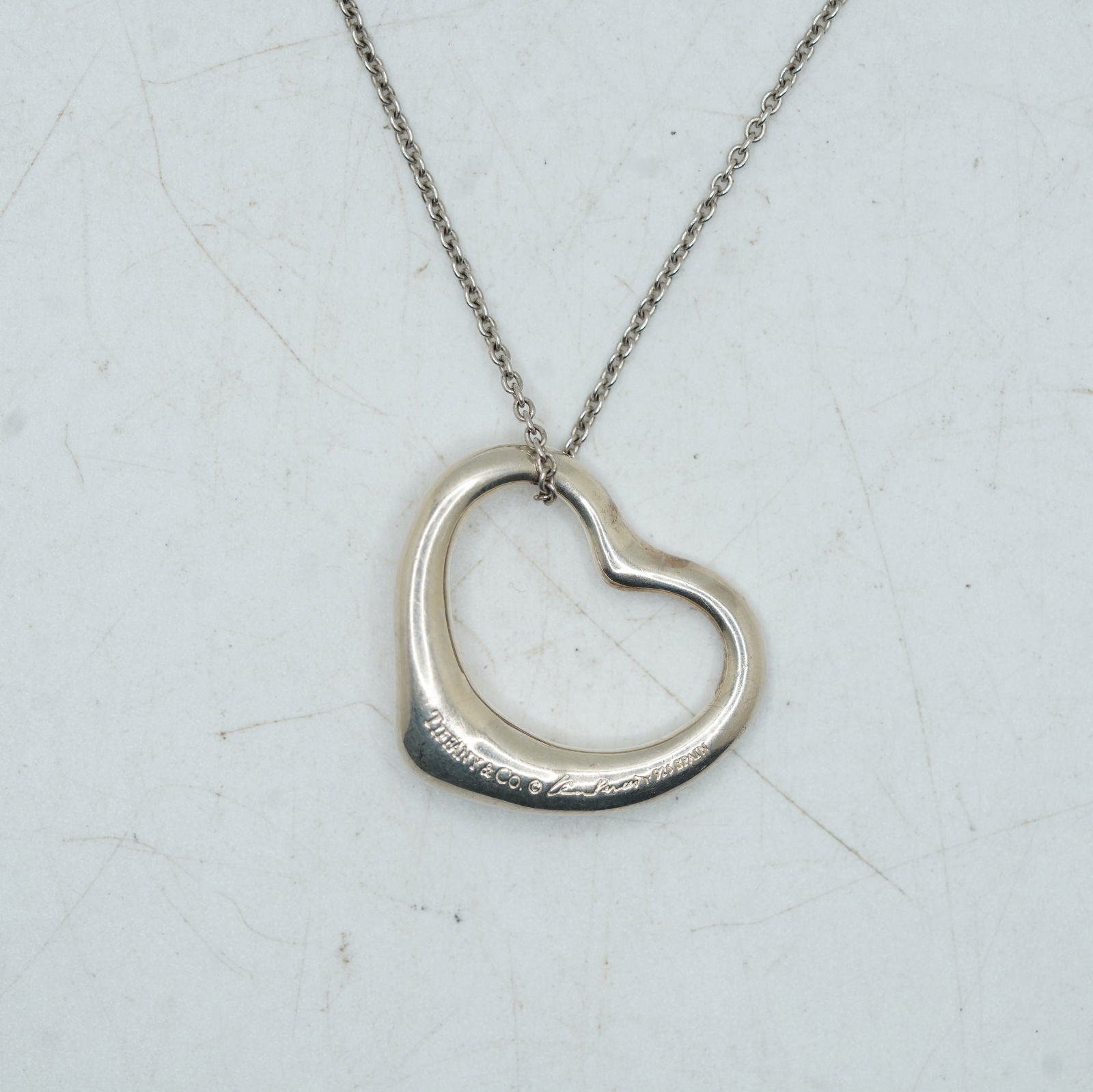 Tiffany & Co .925 Sterling Silver Elsa Peretti Open Heart Pendant Necklace on .925 Italy 16" Chain (1 of 9)