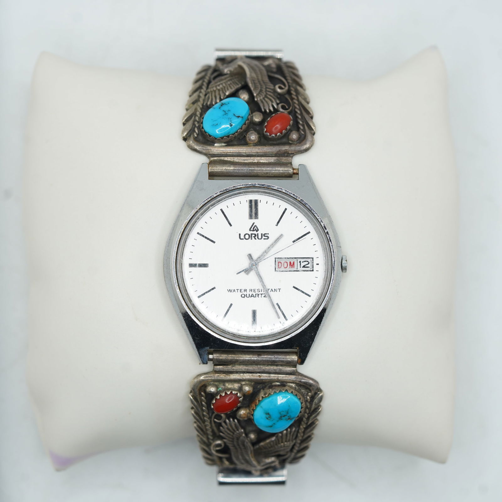 Lorus Wristwatch with Date Sterling Solver Band Native American Indian Band Eagles, Red Coral: Lorus Wristwatch with Date Sterling Solver Band Native American Indian Band Eagles, Red Coral and Turquoise, 1 in. x 1 in. band ; Total Weight 67.29 Grams