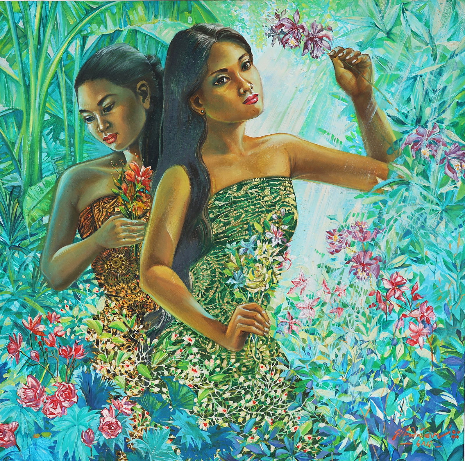 Artist Signed , Bali, Oil on Canvas 2 Women Natural Beauty, Surrounded by Dense Foliage (1 of 6)