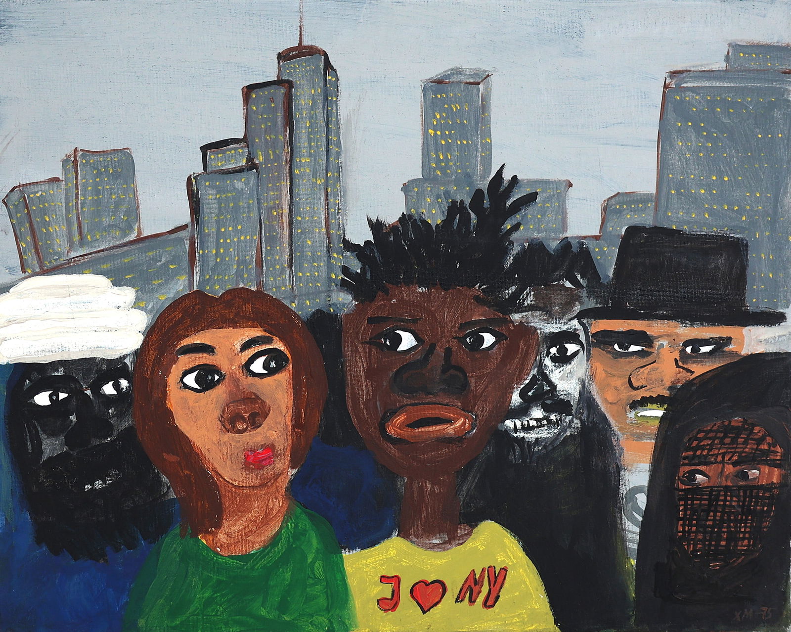 SAMO / Jean Michel Basquiat, attributed to, Figures with New York City Background, Oil on Canvas: SAMO / Jean Michel Basquiat, attributed to, Figures with New York City Background, Oil on Canvas Painting. Bears SAMO signature with monogram Crown, Size: image 16 inches x 20 inches ; Wikipedia: SAMO
