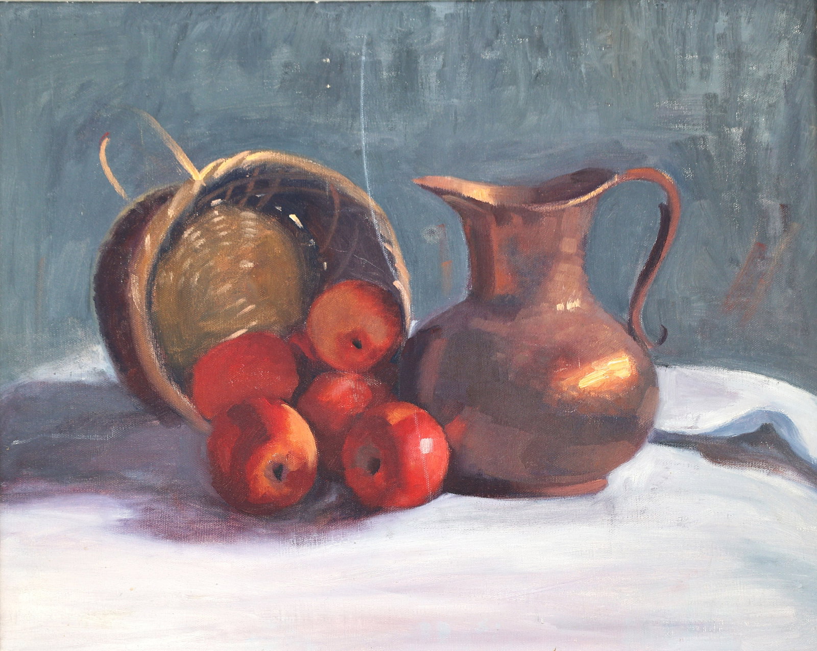 Vintage Oil Painting on Canvas Still Life Composition of Red Apples, Wicker basket, Copper Pitcher: vintage oil painting on canvas featuring a still life composition of red apples, a wicker basket, and a copper pitcher. ; Size: image 16 inches x 20 inches ; outer frame 21 3/4 inches x 25.5 inches