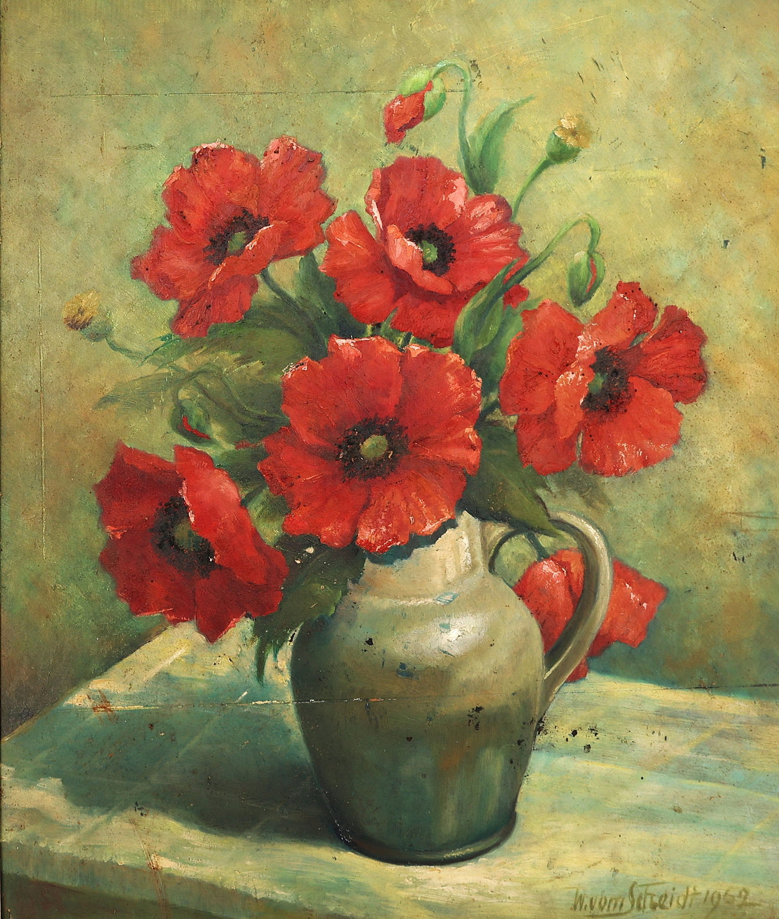 W. Vonn Scheidt 1962, Vintage Oil Painting Vibrant Bouquet of Red Poppies in a Vase, Framed: W. Vonn Scheidt 1962, Vintage Oil Painting Vibrant Bouquet of Red Poppies in a Vase, Framed; Size: image 23.5 inches x 20 inches ; outer frame 25 inches x 21.25 inches