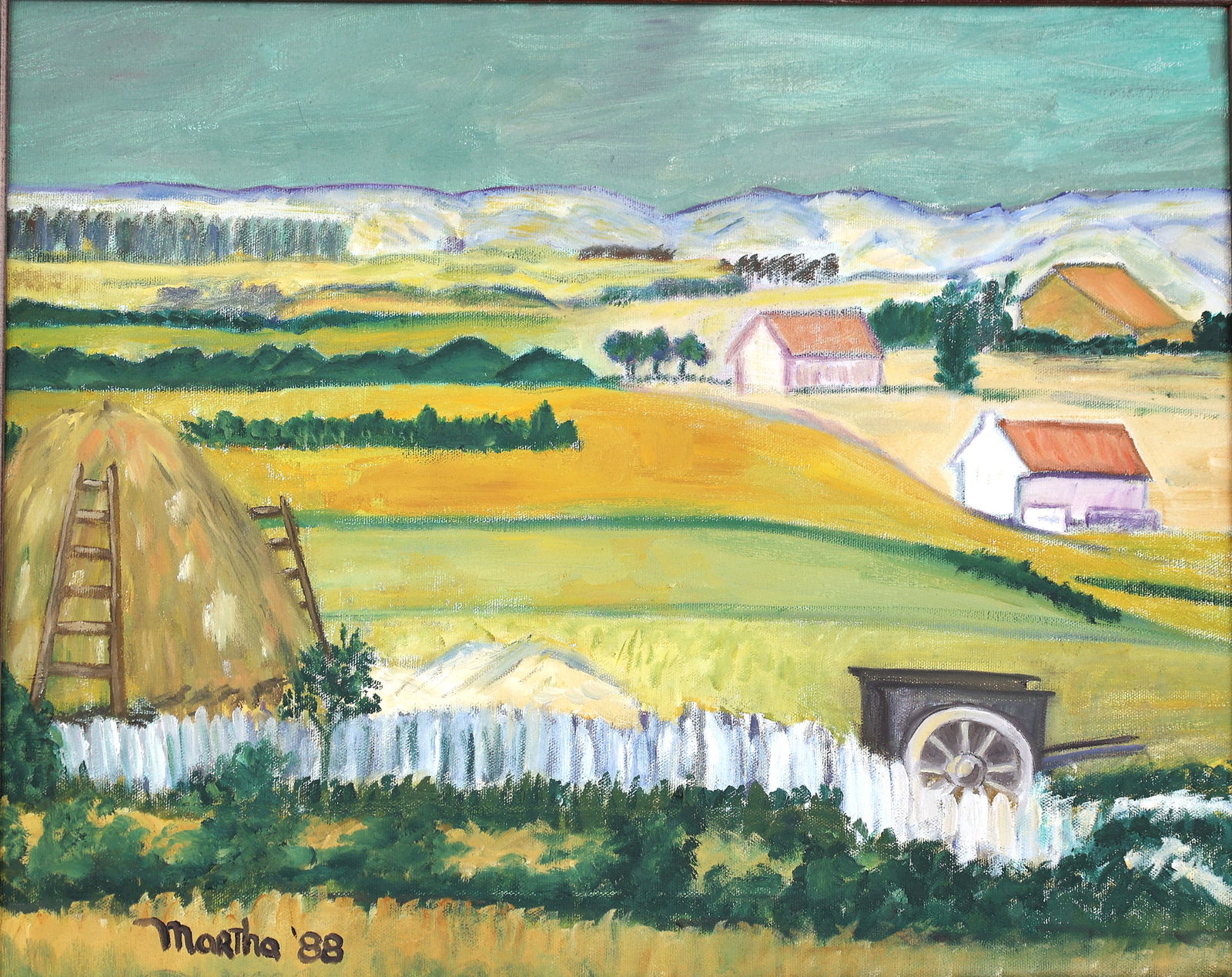 Signed Martha '88; A rural landscape depicting farm life in Arles, France, Oil on Canvas Painting: Signed Martha '88; A rural landscape depicting farm life in Arles, France, featuring wheat fields, a hay bale with a ladder, and a wooden wagon. , Size: image 16 inches x 20 inches ; outer frame 21 in