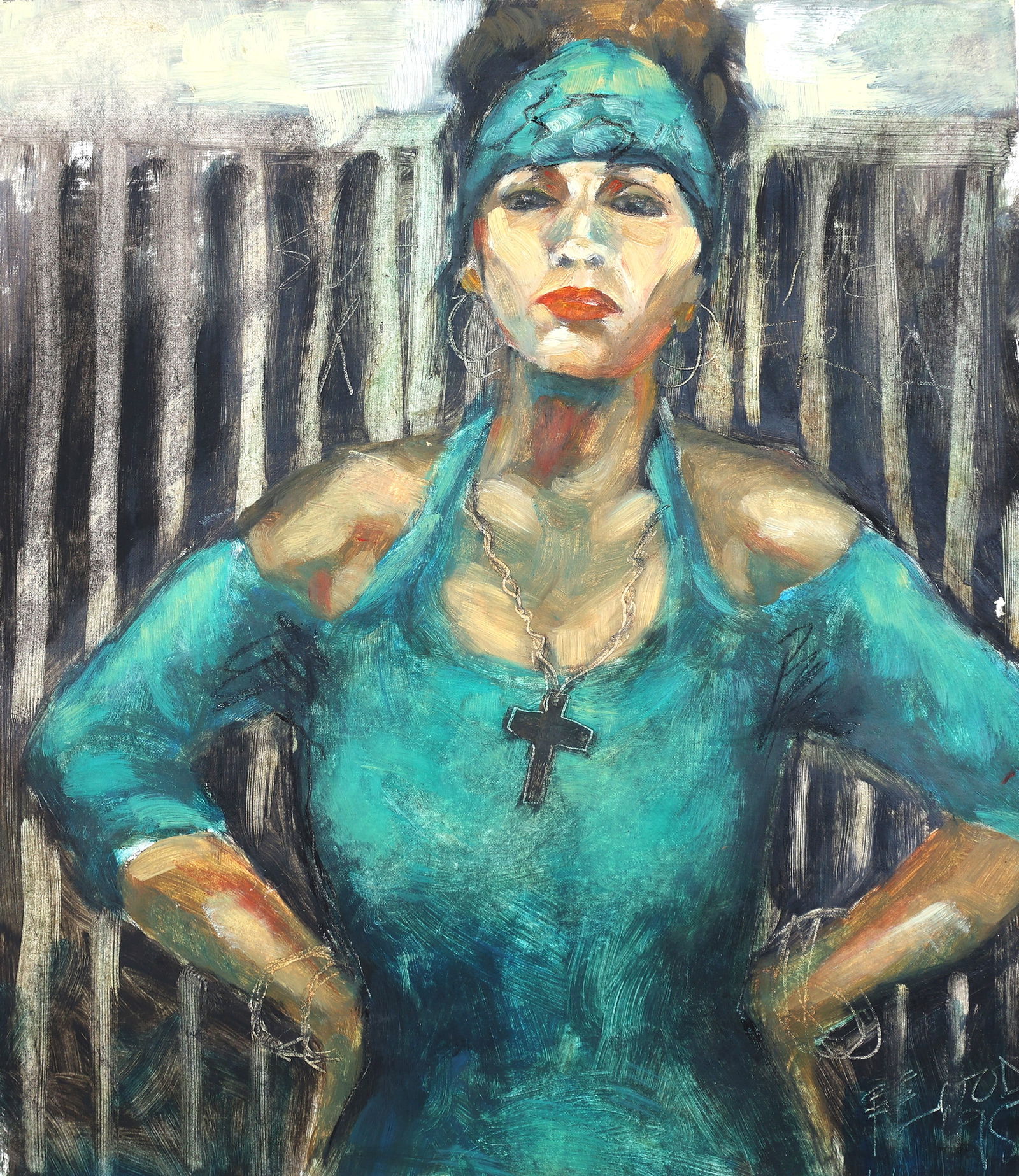Flood '95, Watercolor Painting Woman Wearing a Turquoise Top, Headwrap, and a Large Cross Necklace: Flood '95, Watercolor Painting Woman Wearing a Turquoise Top, Headwrap, and a Large Cross Necklace; Size: image 20.5 inches x 18 inches ; outer board 28.75 inches x 24.5 inches