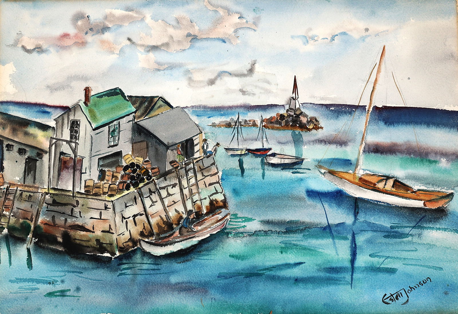 Estell Johnson, Coastal Landscape Watercolor Painting Pier with Buildings and Boats in Harbor: Estell Johnson, Coastal Landscape Watercolor Painting Pier with Buildings and Boats in Harbor. Size: image 15.25 inches x 22.75 inches ; outer board 16.5 inches x 24 inches