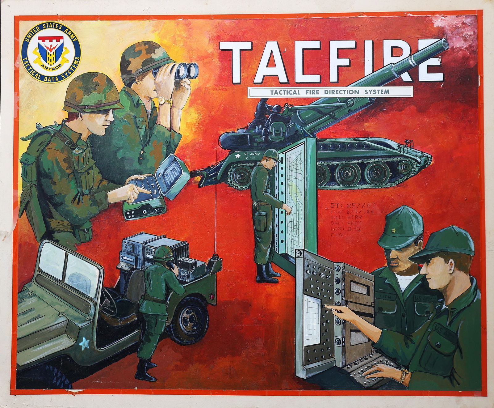 Colangelo 1979, Original Illustration Art Gouache on Board TACFIRE (Tactical Fire Direction System]: Colangelo 1979, Original Illustration Art Gouache on Board; This artwork depicts TACFIRE (Tactical Fire Direction System), a pioneer in automating U.S. Army field artillery functions. Fielded in 1978,
