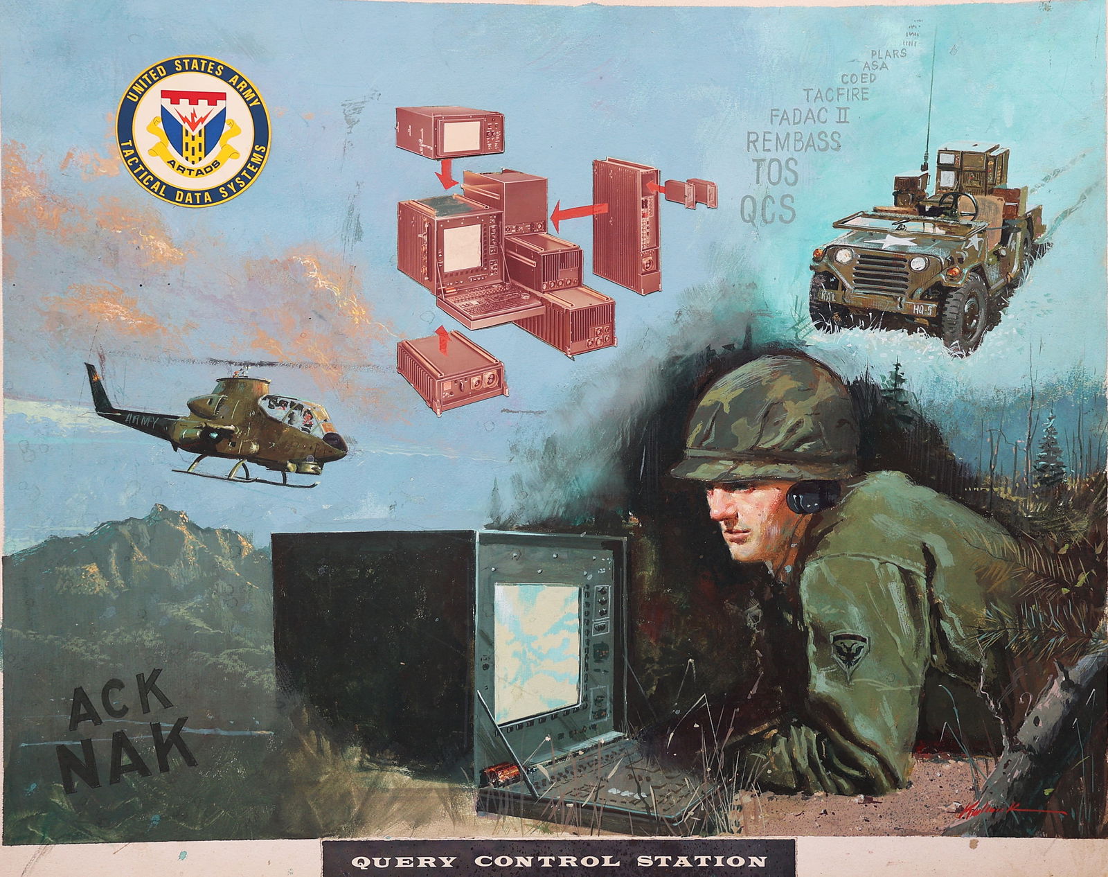 Artist Signed 1970s Original Illustration Gouache on Board Painting US Army Tactical Data Systems: Artist Signed 1970s Original Illustration Gouache on Board Painting military art showcasing US Army Tactical Data Systems from the late 20th century.The scene highlights integrated command and control
