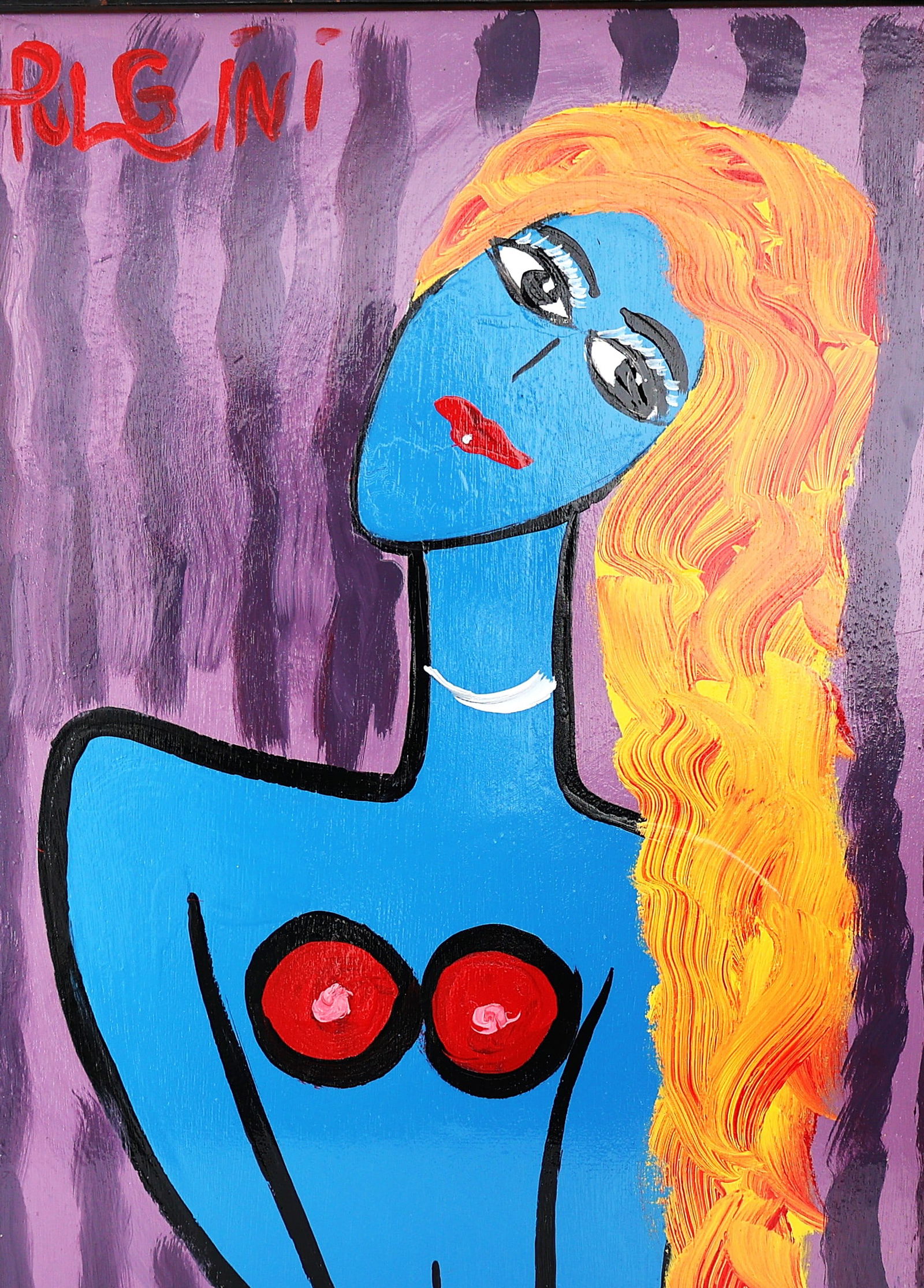Thomas Pulgini, Oil on Board Painting, Signed, Abstract Blue Woman, Framed: Thomas Pulgini, Oil on Board Painting, Signed, Abstract Blue Woman, Framed; Size: image 27 inches x 20 inches; outer frame 31.5 inches x 24.5 inches. Well Listed American Artist. Biography from the Ar