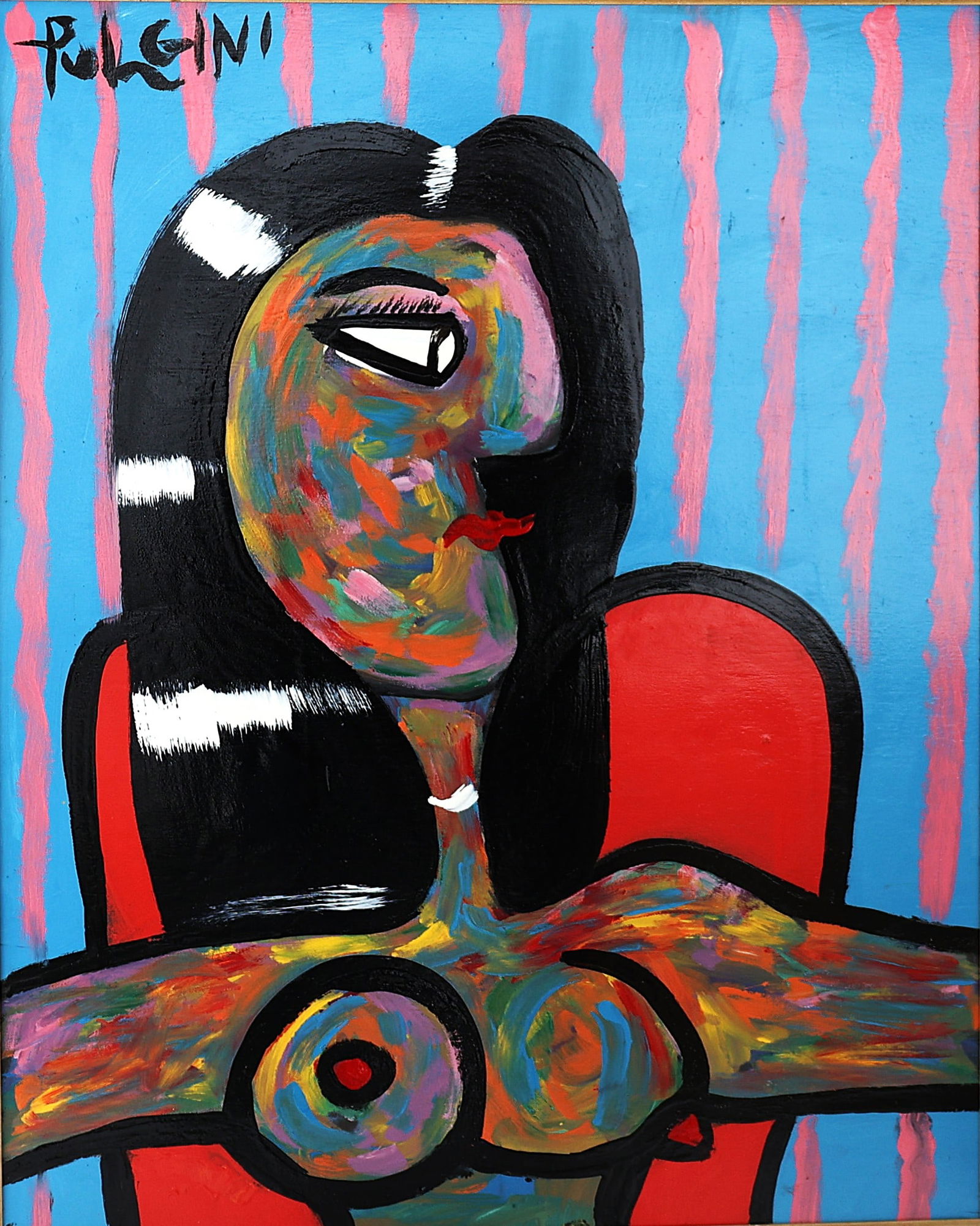 Thomas Pulgini, Oil on Board Painting, Signed, Abstract Portrait Woman Picasso Influenced: Thomas Pulgini, Oil on Board Painting, Signed, Abstract Portrait Woman Picasso Influenced; Size: image 30 inches x 24 inches; outer frame 32.5 inches x 26.5 inches; Well Listed American Artist. Biogra