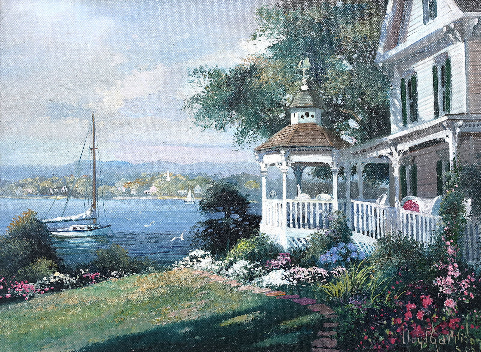 Lloyd Garrison, 20th C. American, Oil on Canvas Painting Coastal Estate Gazebo Overlooking Harbor: Lloyd Garrison, 20th C. American, Oil on Canvas Painting Coastal Estate Gazebo Overlooking Harbor. Size: image 12 inches x 16 inches ; outer frame 17.5 inches x 21.5 iches
